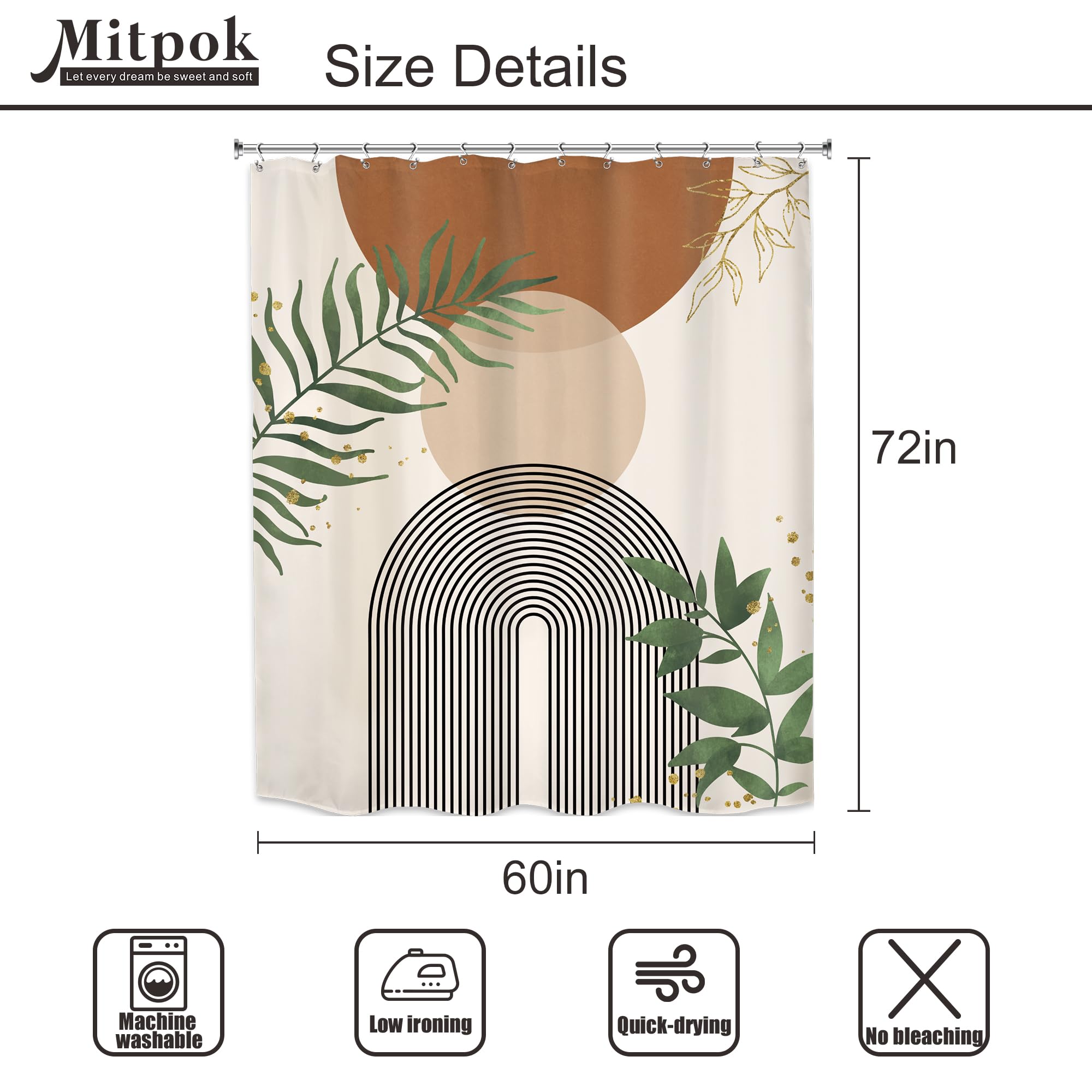 Mitpok Brown Boho Mid Century Shower Curtain 60Wx72H Abstract Gold Leaves Plant Modern Sun Minimalist Geometric Arch Art Line Ba