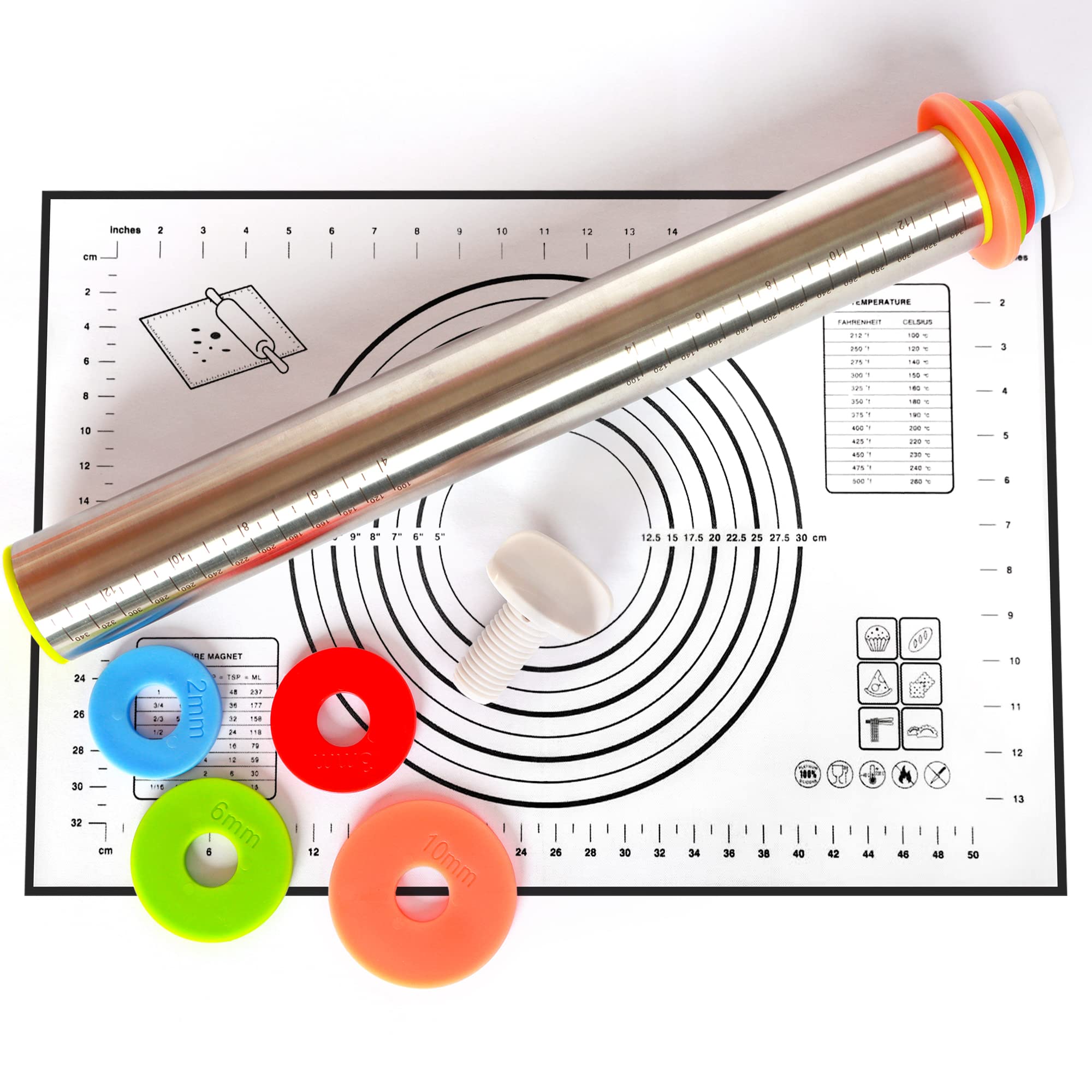 BIDFUL Adjustable Rolling Pin - Stainless Steel with Thickness Rings, 17in, Black, Includes Nonstick Silicone Pastry Mat for Baking Supplies