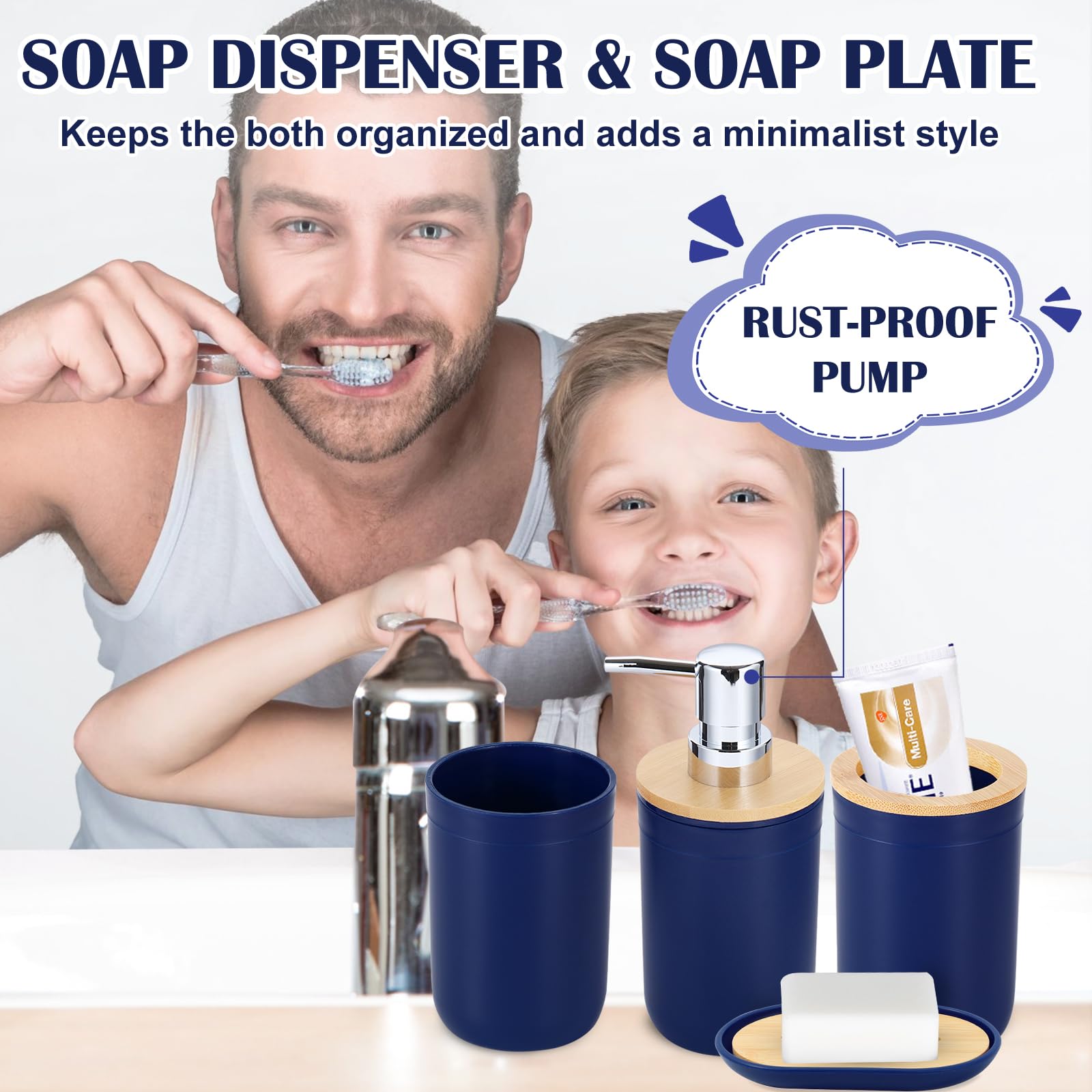 Imucci Bathroom Accessories Set Navy Blue Bathroom Decor Sets With Trash Can,Toilet Brush,Toothbrush Holder, Lotion Soap Dispens