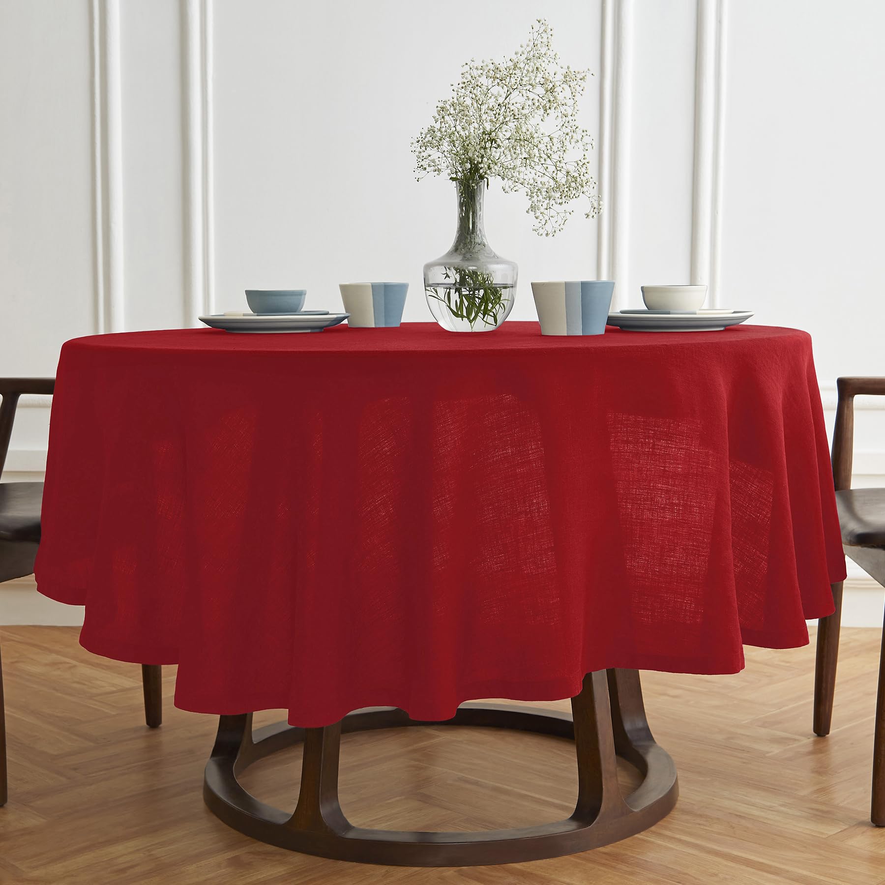 Solino Home Red Linen Round Tablecloth 60 Inch Diameter - Sonoma, 100% Pure Linen Prewashed Table Cloth - Machine Washable Table