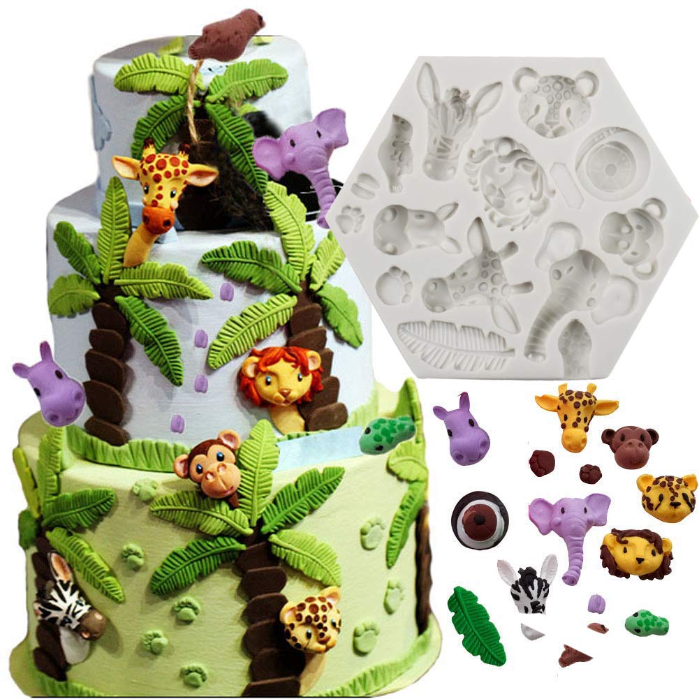 9Pcs/Set Jungle Safari Animal Cake Fondant Mold With Tropical Leaf Cookie Cutter, Hawaiian Palm Leaves Sugar Craft Cutters For J