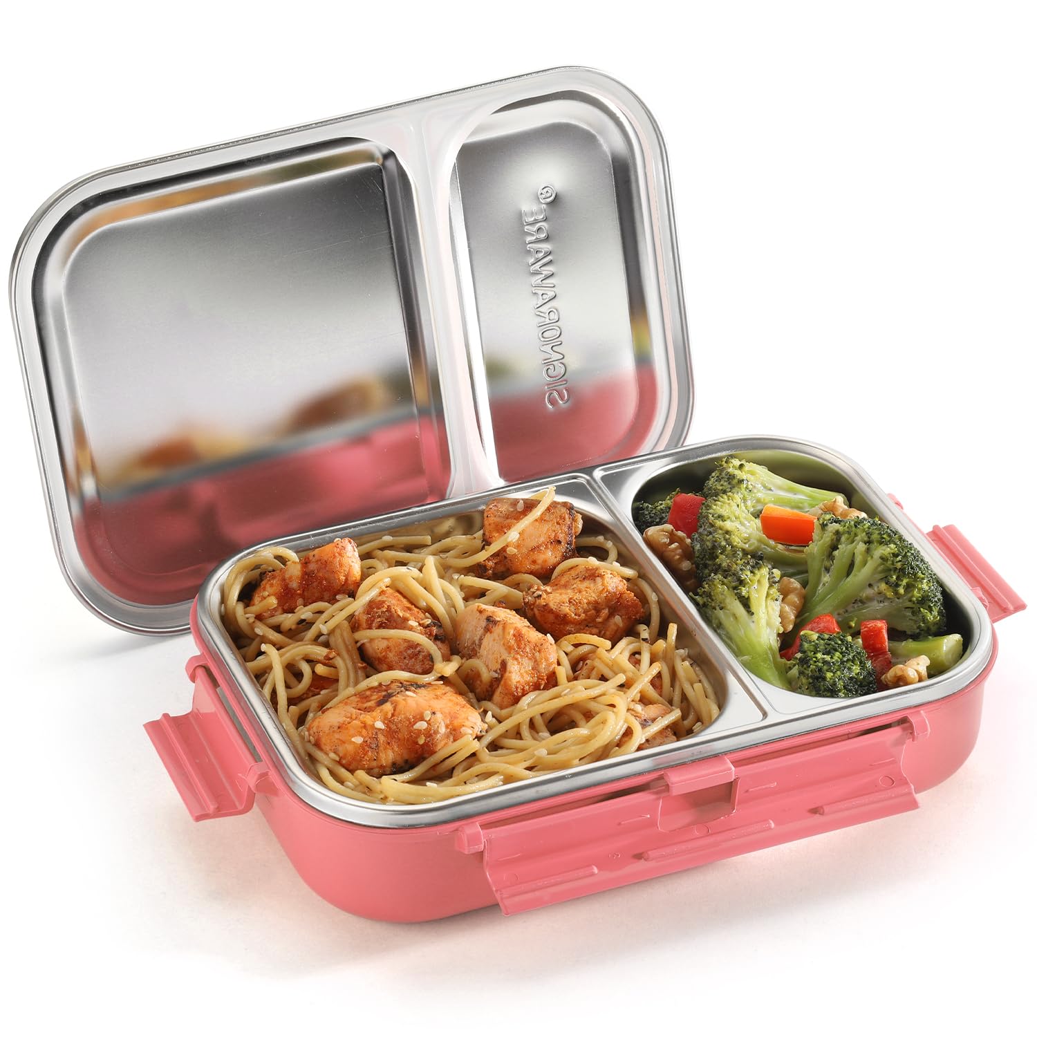 Signoraware Stainless Steel Bento Box For Men, 34 Oz, Pink, Leakproof Between 2 Compartments