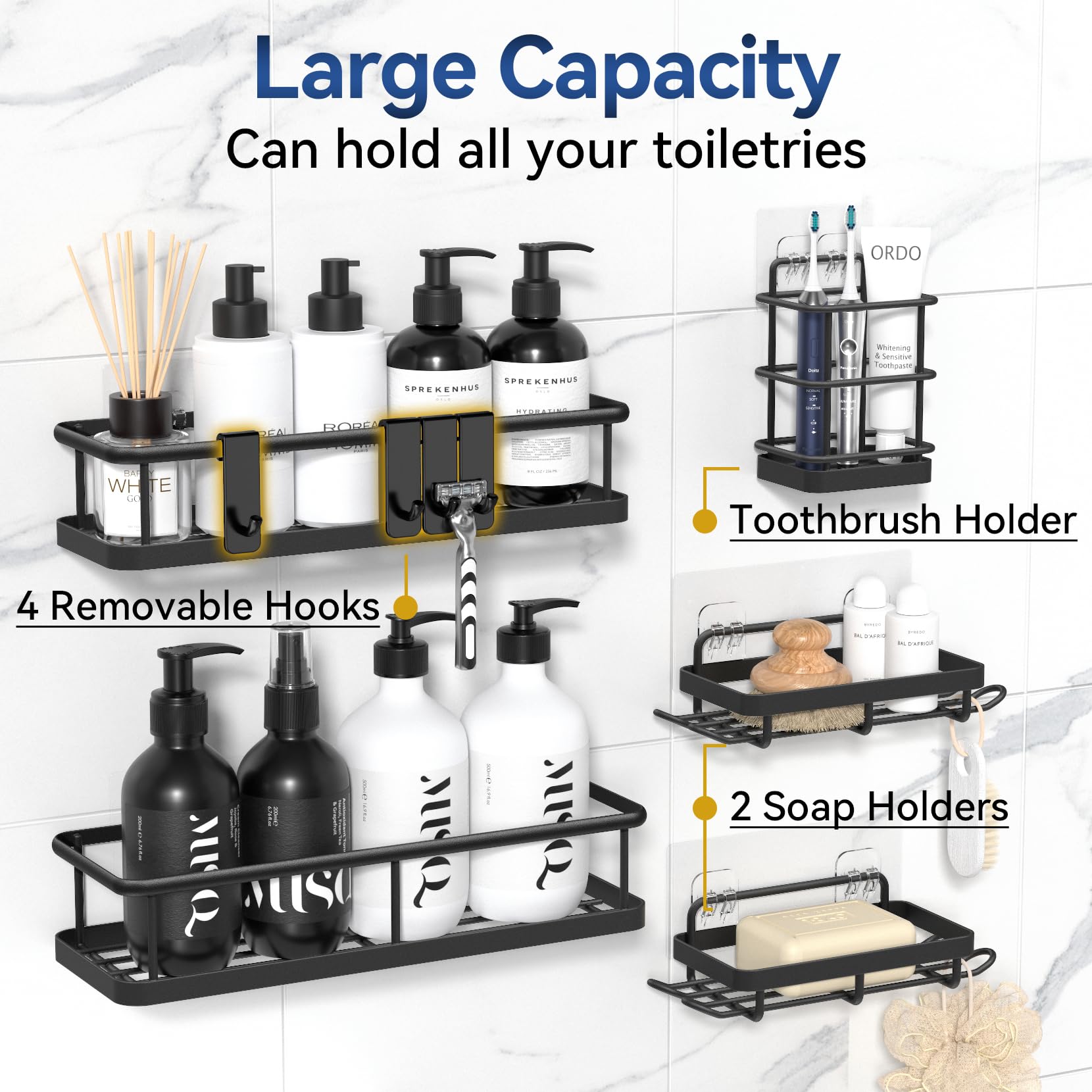 Yasonic Shower Caddy Adhesive 5 Pack, No Drill Bathroom Shower Organizers With Removable Hooks, Rust Proof Shower Shelves For In