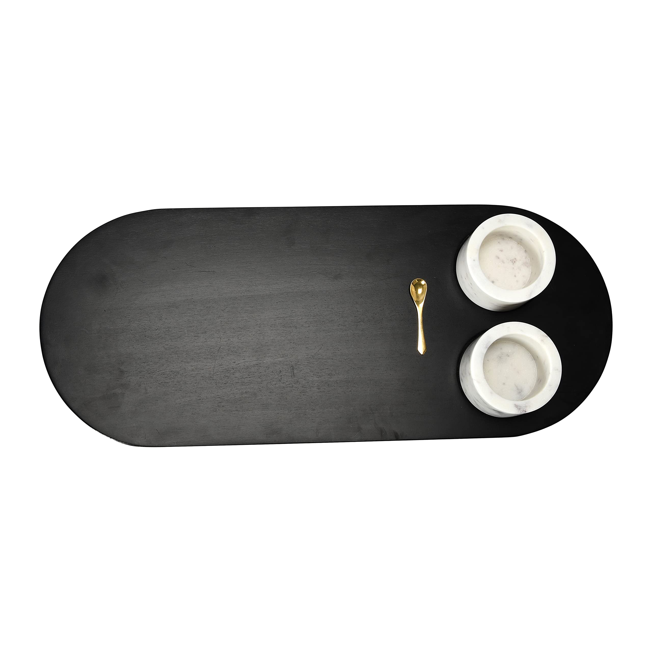 Bloomingville Bloomingville Mango Wood Tray With 2 Marble Bowls And Gold Finish Stainless Steel Spoon, Set Of 4