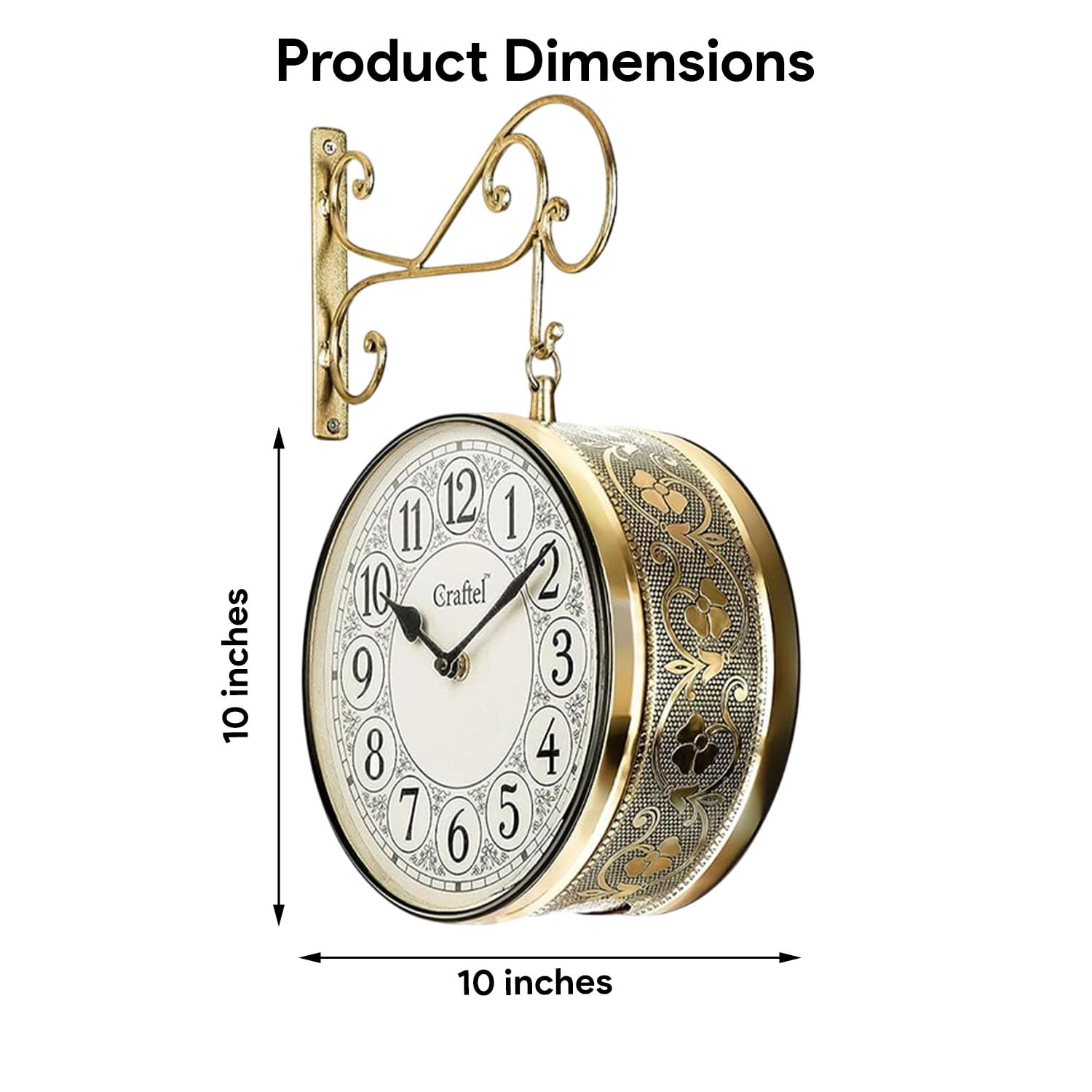 CRAFTEL Metal Analog Double Sided Vintage Station Wall Clock for Home (Shiny Gold_10 Inches)