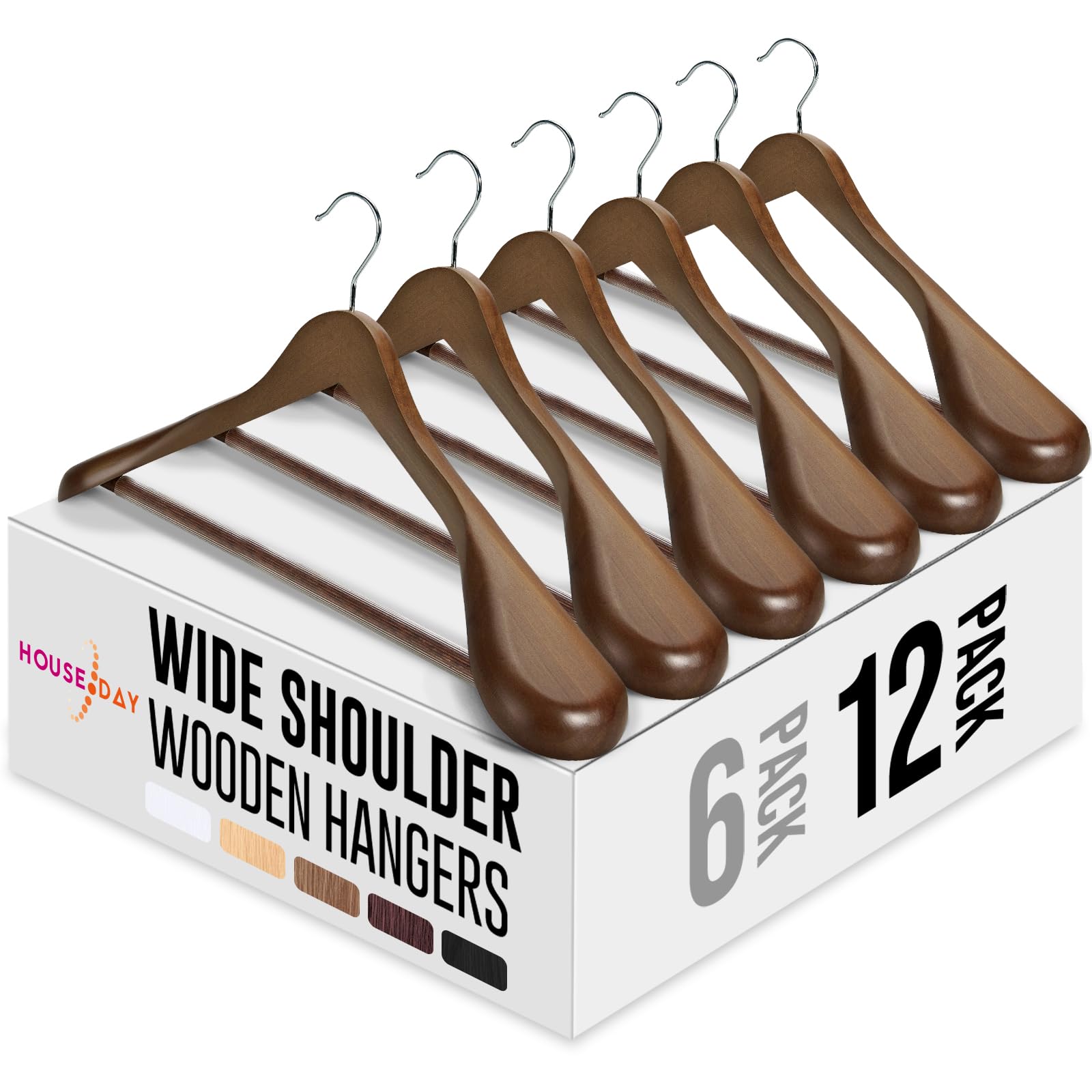House Day Wide Shoulder Wooden Hangers 12 Pack, Wood Suit Hangers For Men With Non Slip Pants Bar, Smooth Finish Solid Wood Coat