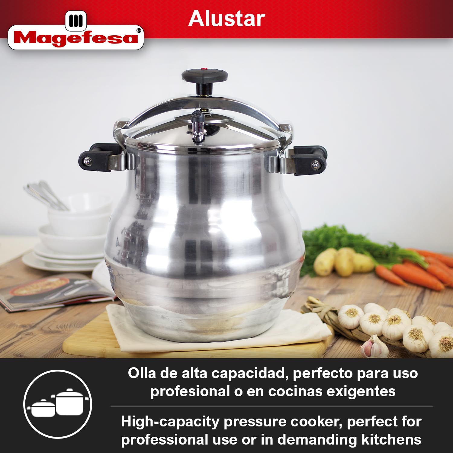 Magefesa Alustar 23.2 Quart Pressure Cooker, recommended use for professionals, made of extra thick aluminum, express, has a The