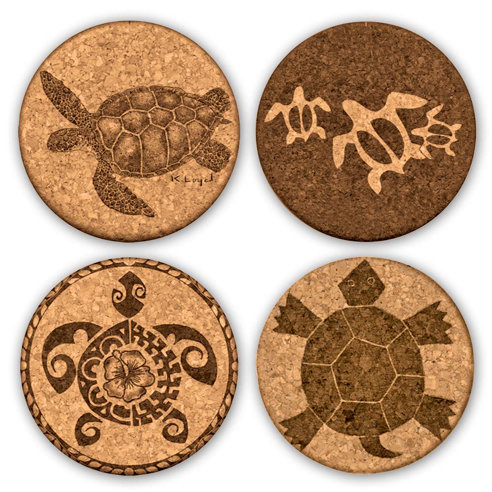 Premium Quality Laser Art Engraved Absorbent Cork Drink Coasters By Grafixmat, Set Of 4, Natural Cork, Dual Layer Wont Chip Or B