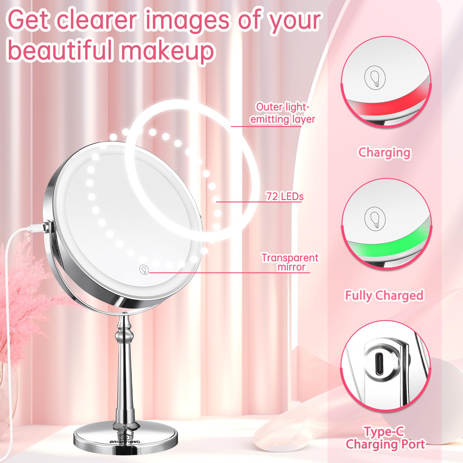 Brightinwd 9'' Large Lighted Makeup Mirror, 1X/10X Magnifying Mirror With Lights, 360 Rotate Touch Screen Vanity Mirror With Lig
