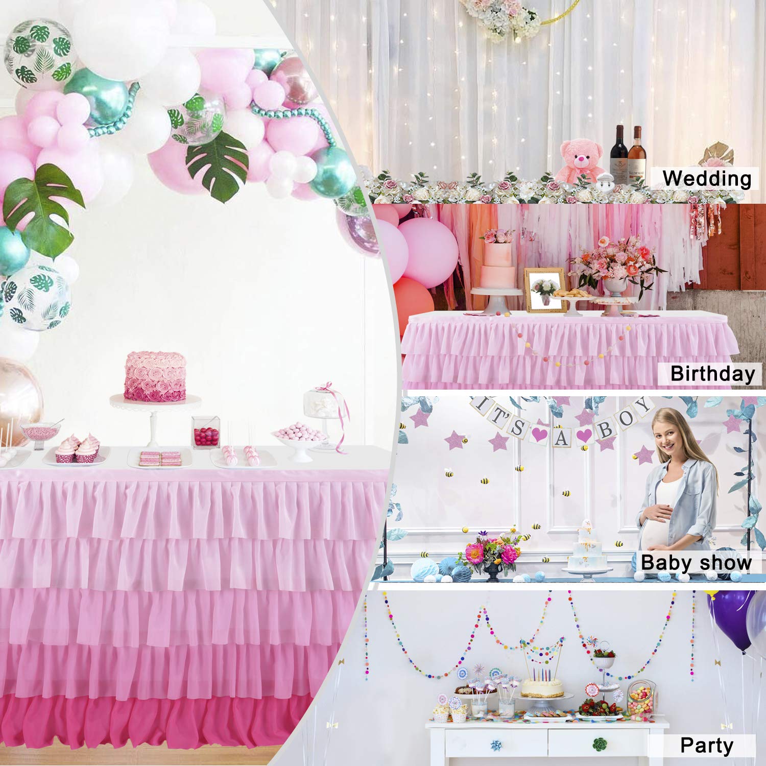 Besutolife Pink Table Skirt Tutu Ruffled Tablecloth For Rectangle Table 6Ft Baby Shower Birthday Party Unicorn Home Gradient Pin