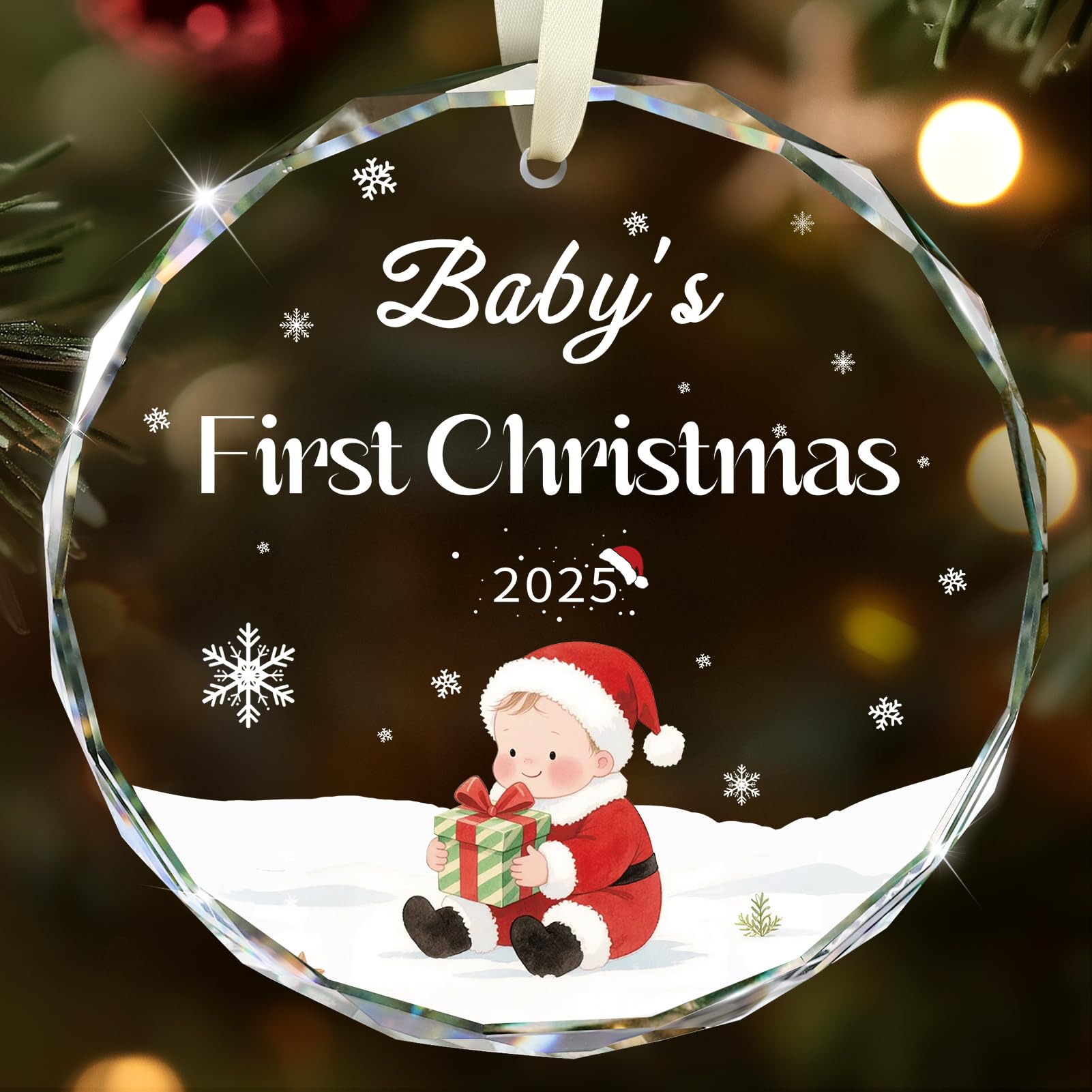 Baby  s First Christmas Ornament 2025, Crystal Glass 1st Christmas Ornament for Baby Girl Boy Christmas Newborn Gifts Keepsake B