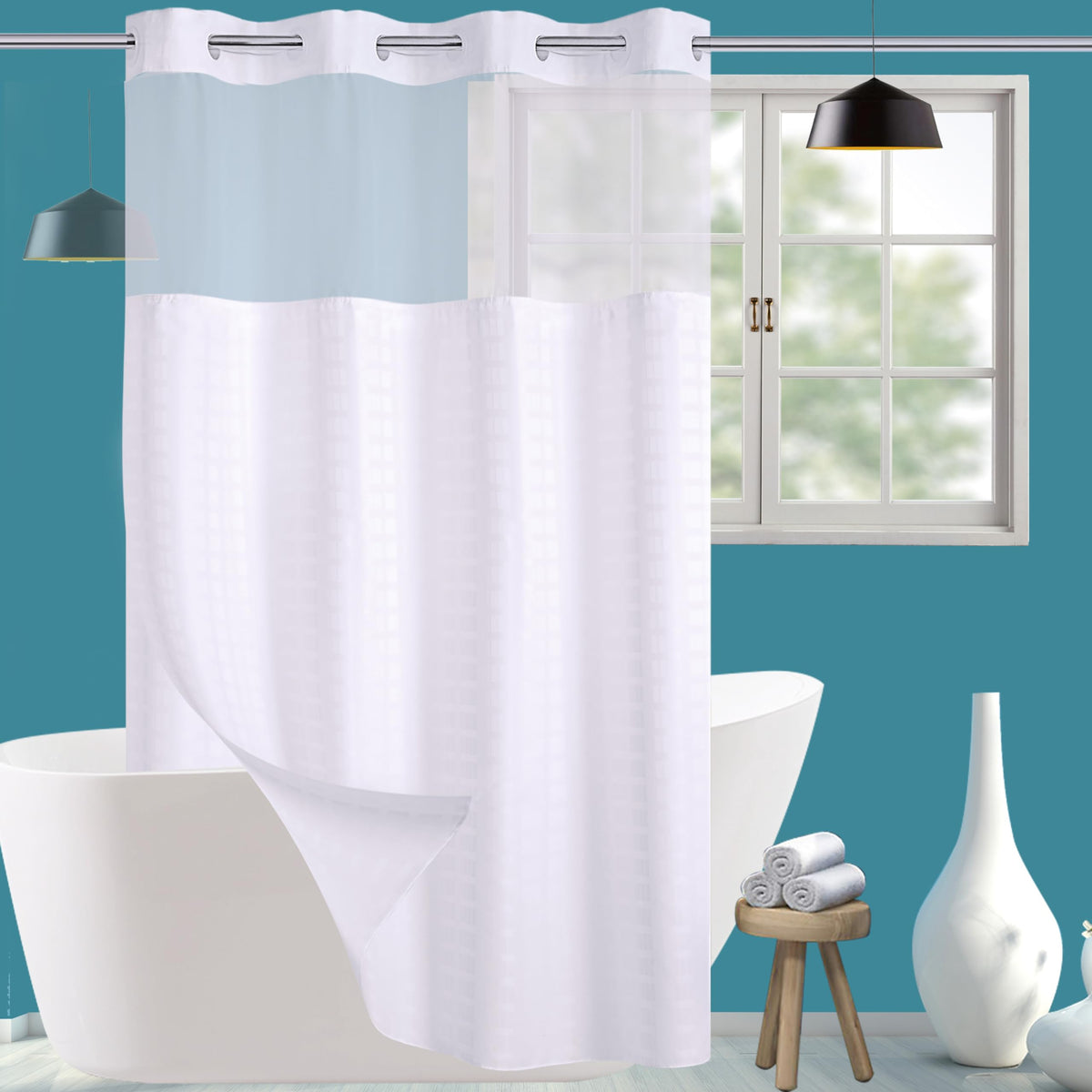 Conbo Mio Hotel Grade Fabric Shower Curtain Stall White Shower Curtain With Snap In Liner For Bathroom With See Through Top Wind