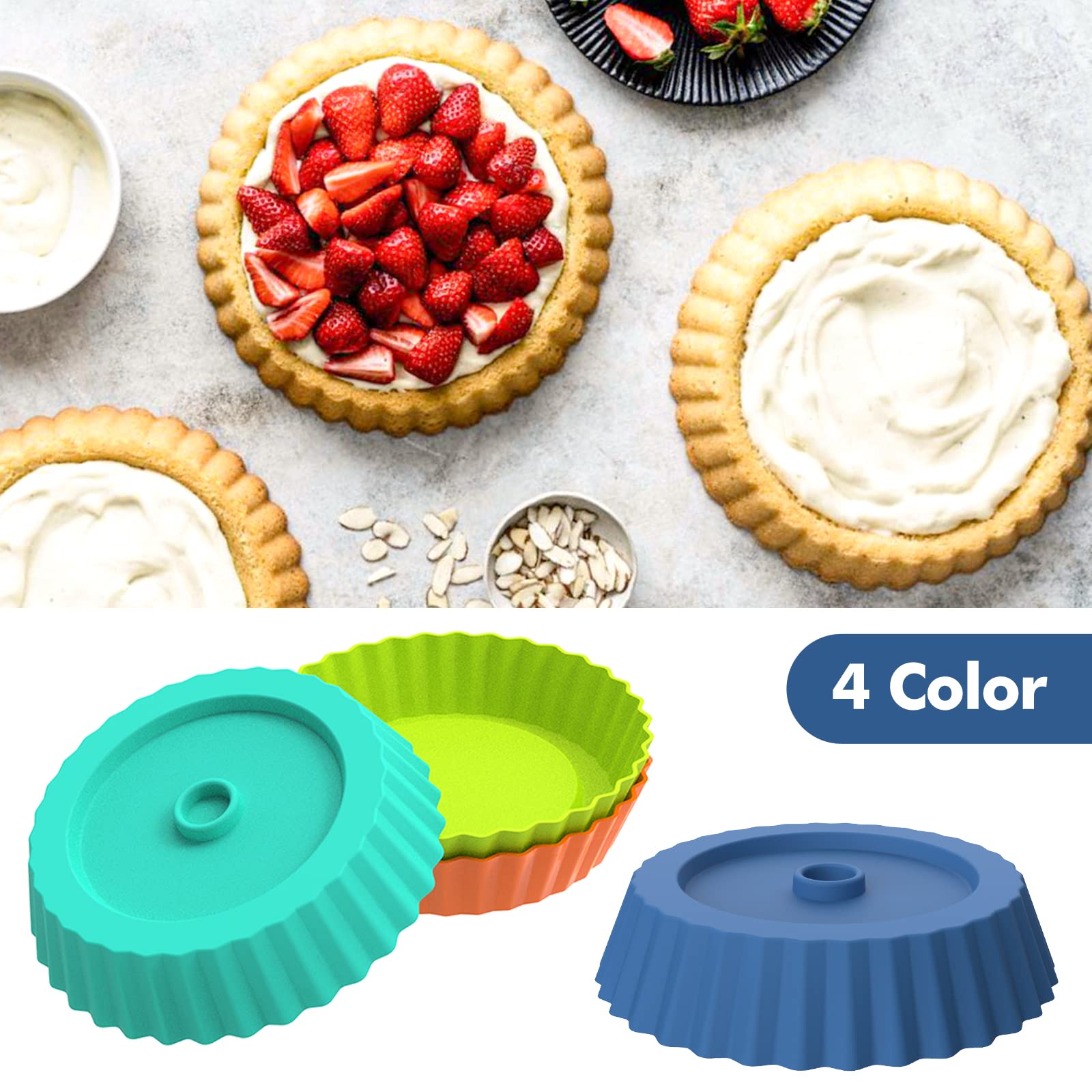 Webake Silicone Quiche Pan, 8Pcs Fluted Tart Pans 5 Inch Round Baking Molds Small Maryann Cake Pans For Baking - Multicolor