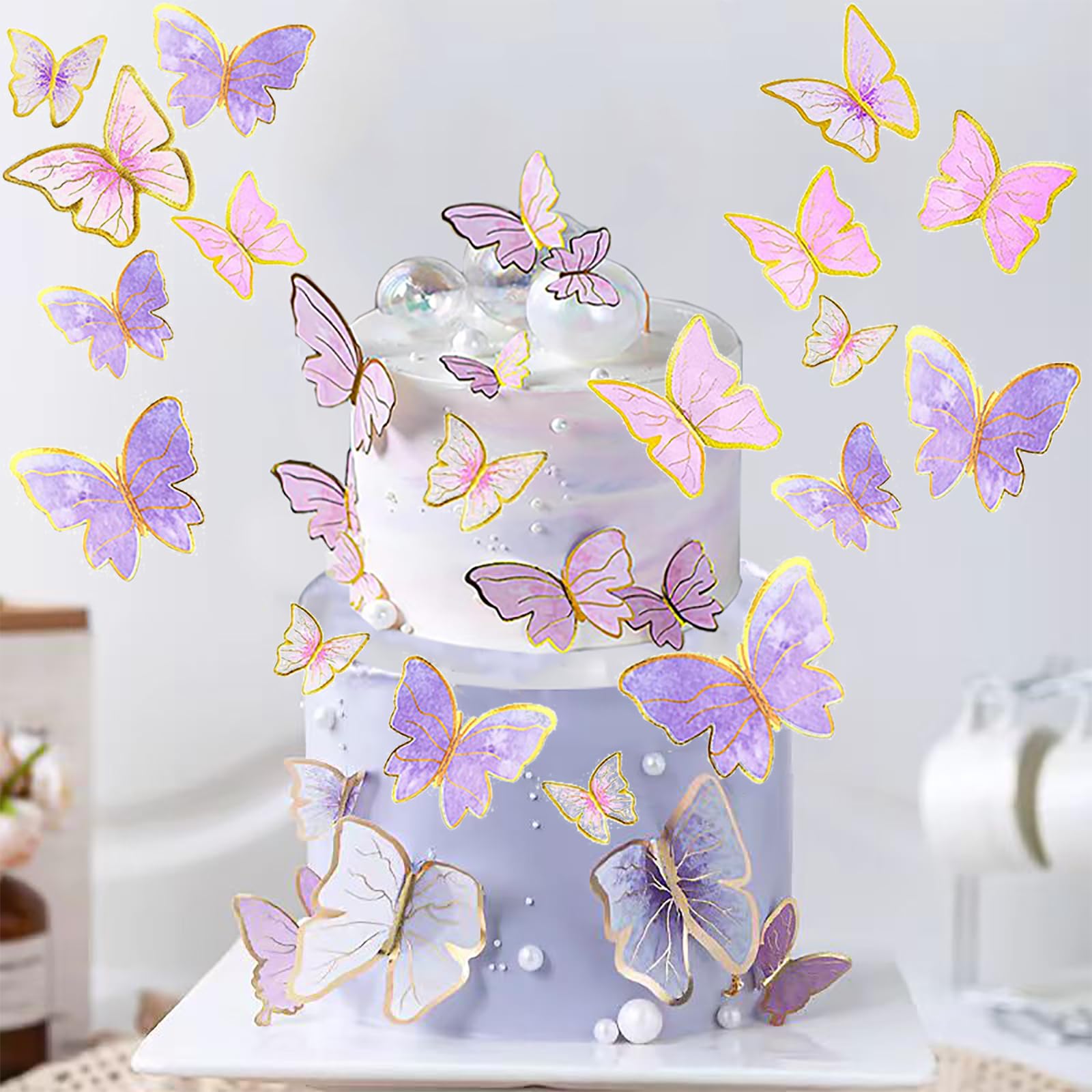 60Pcs Pink Purple Gold Butterfly Cake Toppers, 3D Cupcake Toppers Happy Birthday Metal Gold Topper For Girls Women'S Party Decor