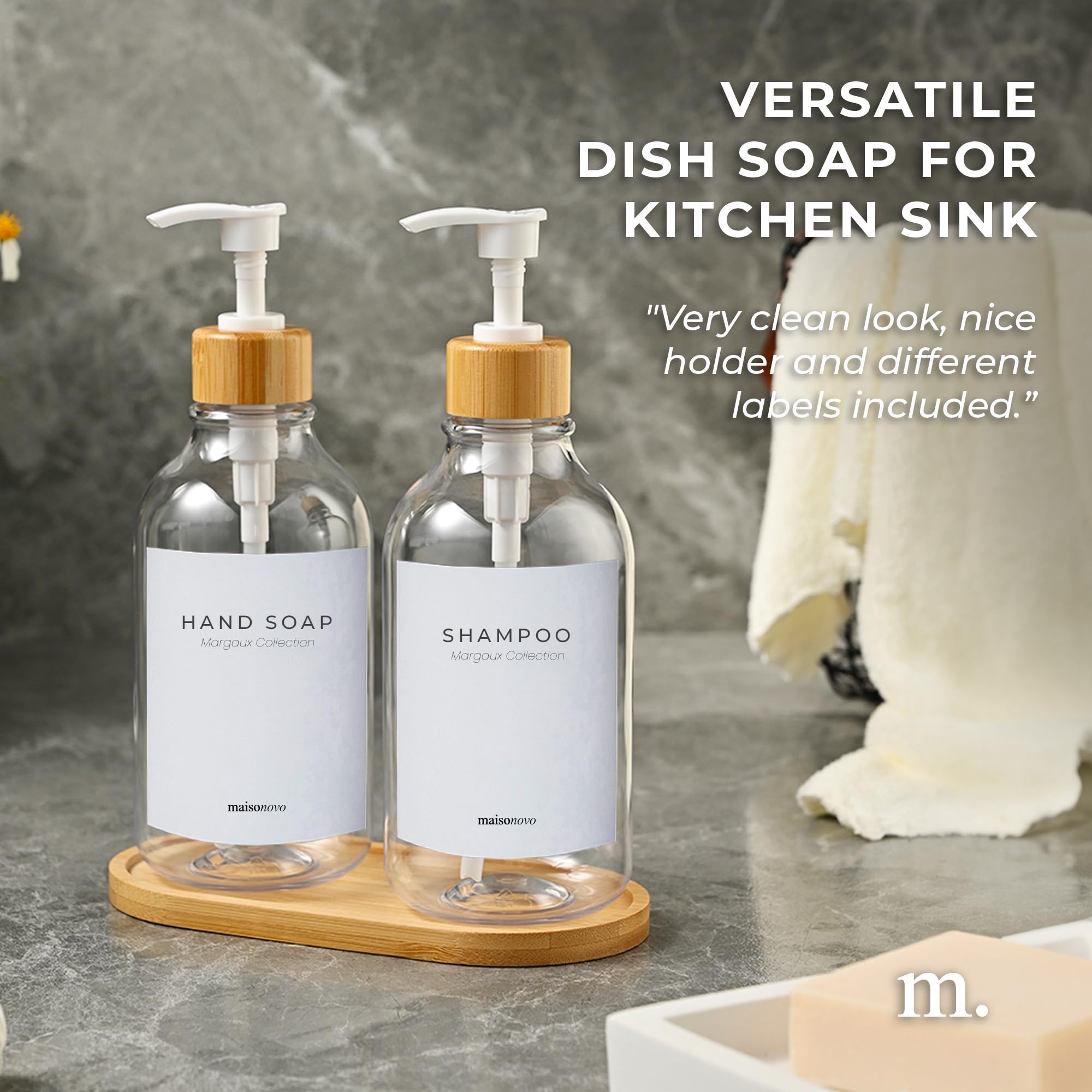 Maisonovo Kitchen Soap Dispenser Set - Plastic Soap Dispenser With Pump - Clear Bamboo White Pump 16.9 Fl Oz - Bathroom Soap Dis