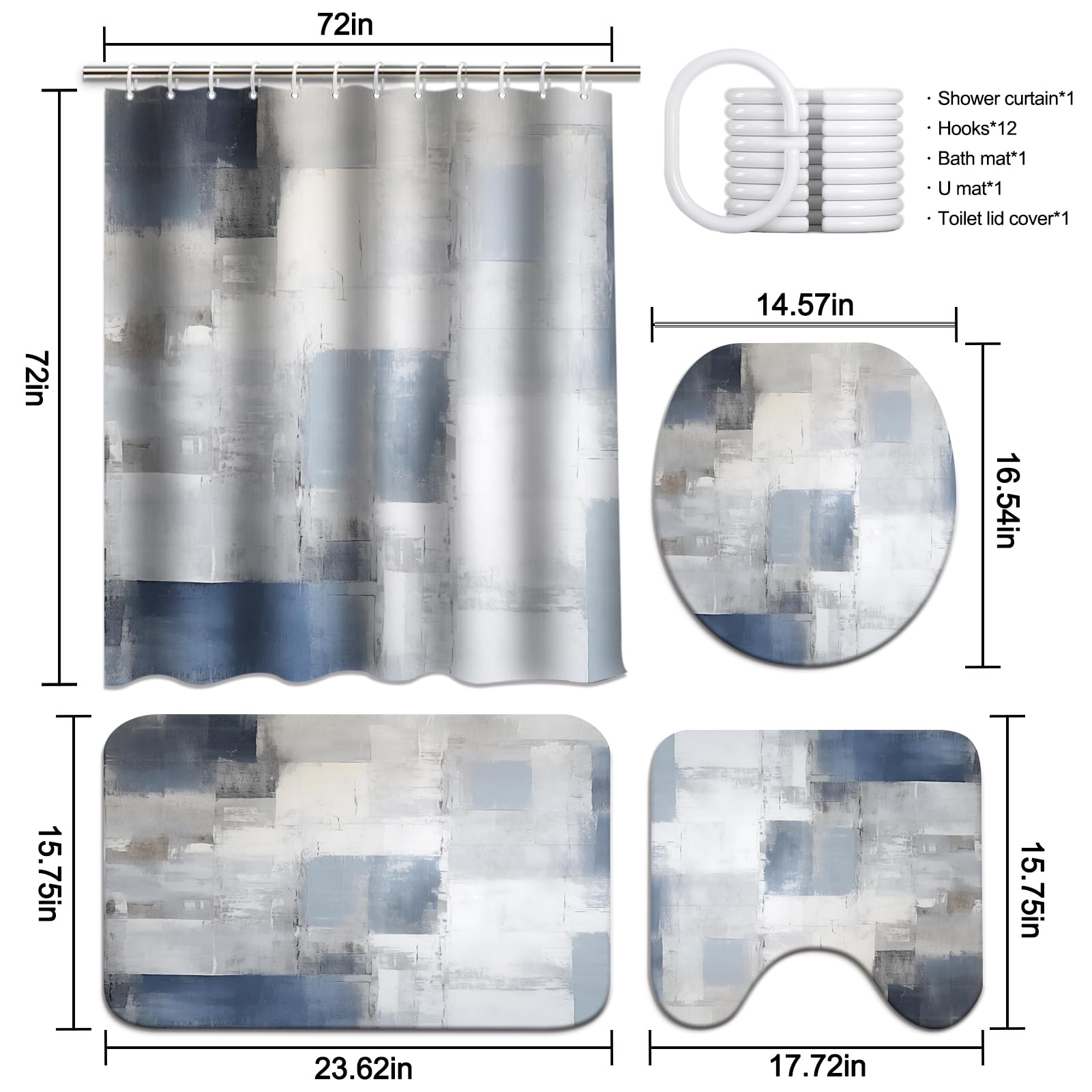 Lnond 4Pcs Bathroom Shower Curtain Sets With Rugs,Blue Grey Abstract Bathroom Sets With Shower Curtain And Rugs And Accessories