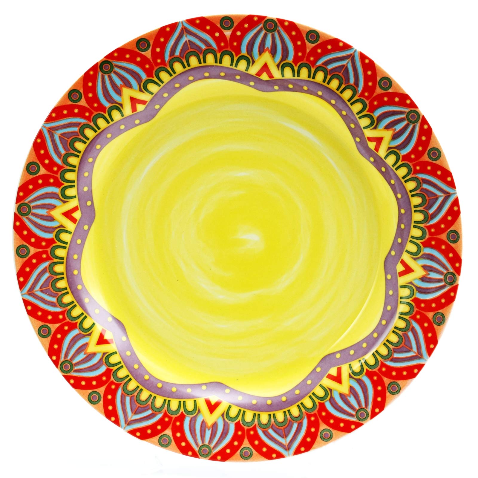 Elama Multicolored Round Stoneware Mandala Pattern Dinnerware Set, 16 Piece, Red