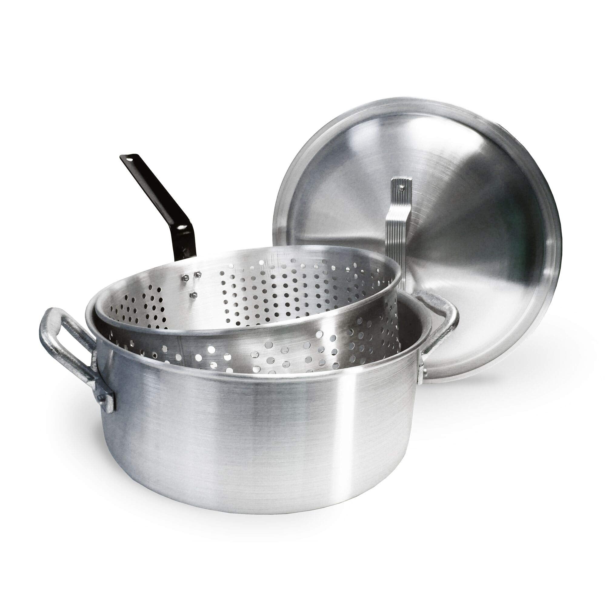 Bayou Classic 1350 14-qt Aluminum Fry Pot w/ Lid and Aluminum Perforated Basket Features Heavy-Duty Riveted Handles Domed Lid Pe