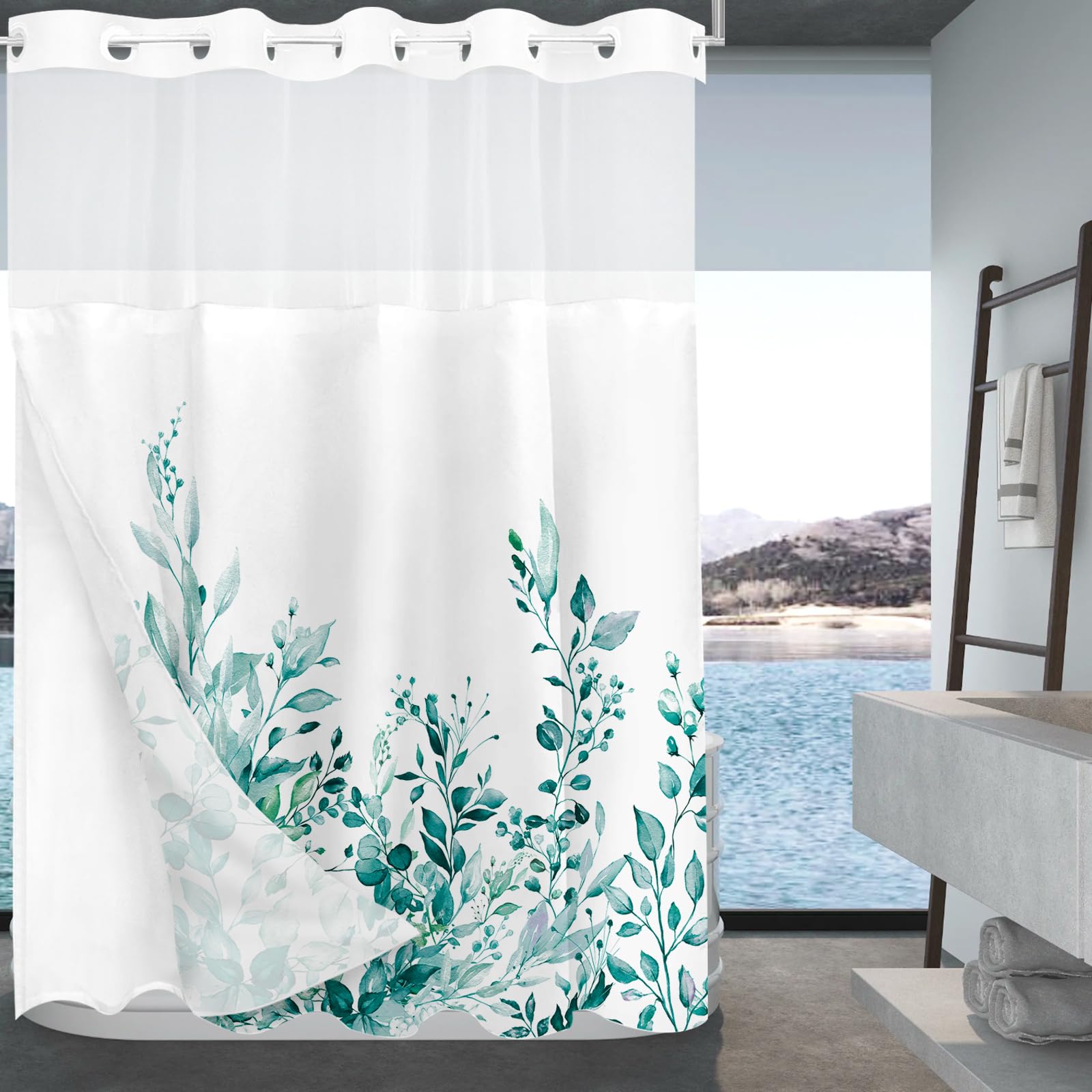 Tititex No Hooks Snap In Liner Teal Eucalyptus Leaves Shower Curtain Sets, Hotel Luxury Double Layers Waterproof Fabric & See-Th
