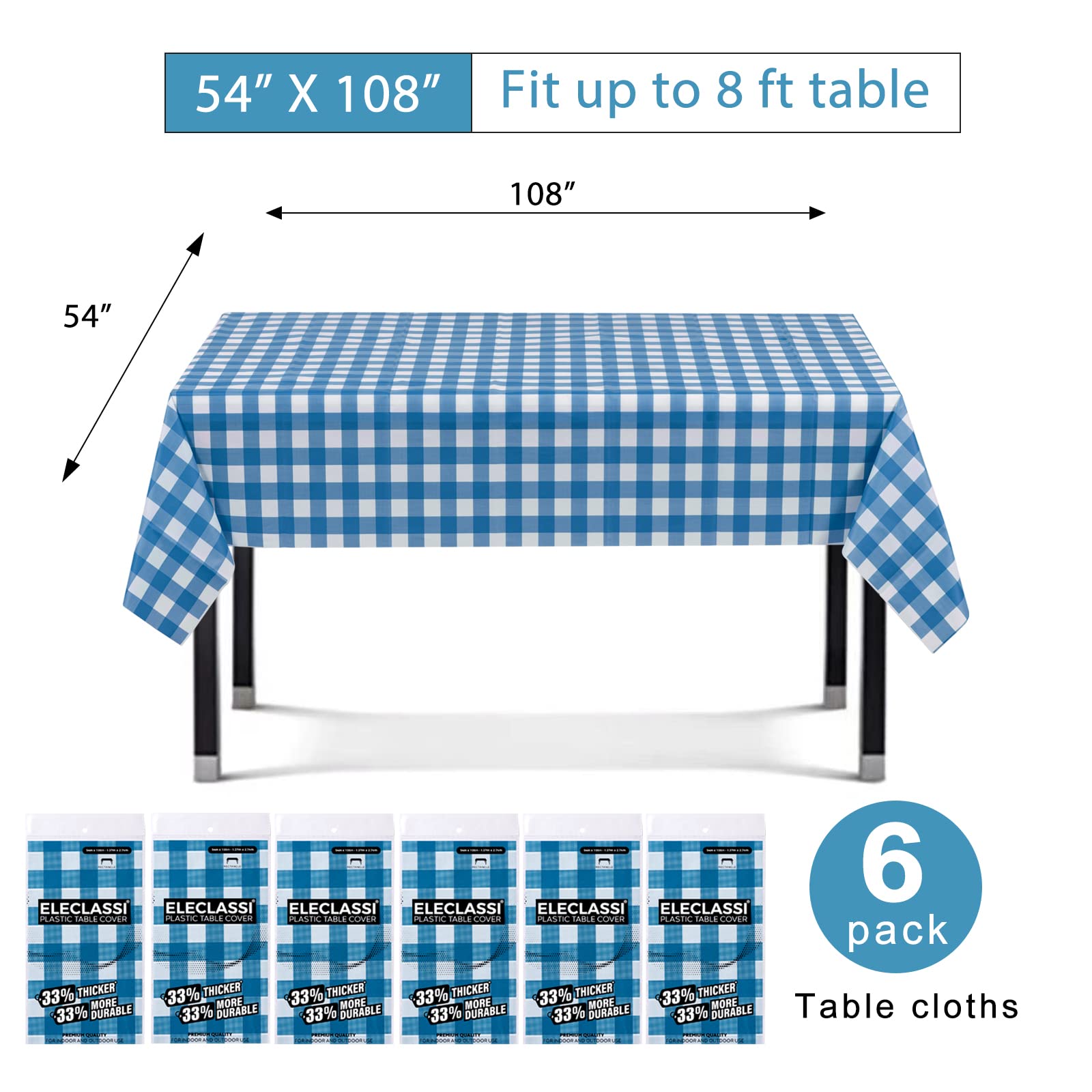 Eleclassi Blue Gingham Checkered 6 Pack Disposable Plastic Tablecloth 54 X 108 In - Plastic Table Cloths For Parties Disposable