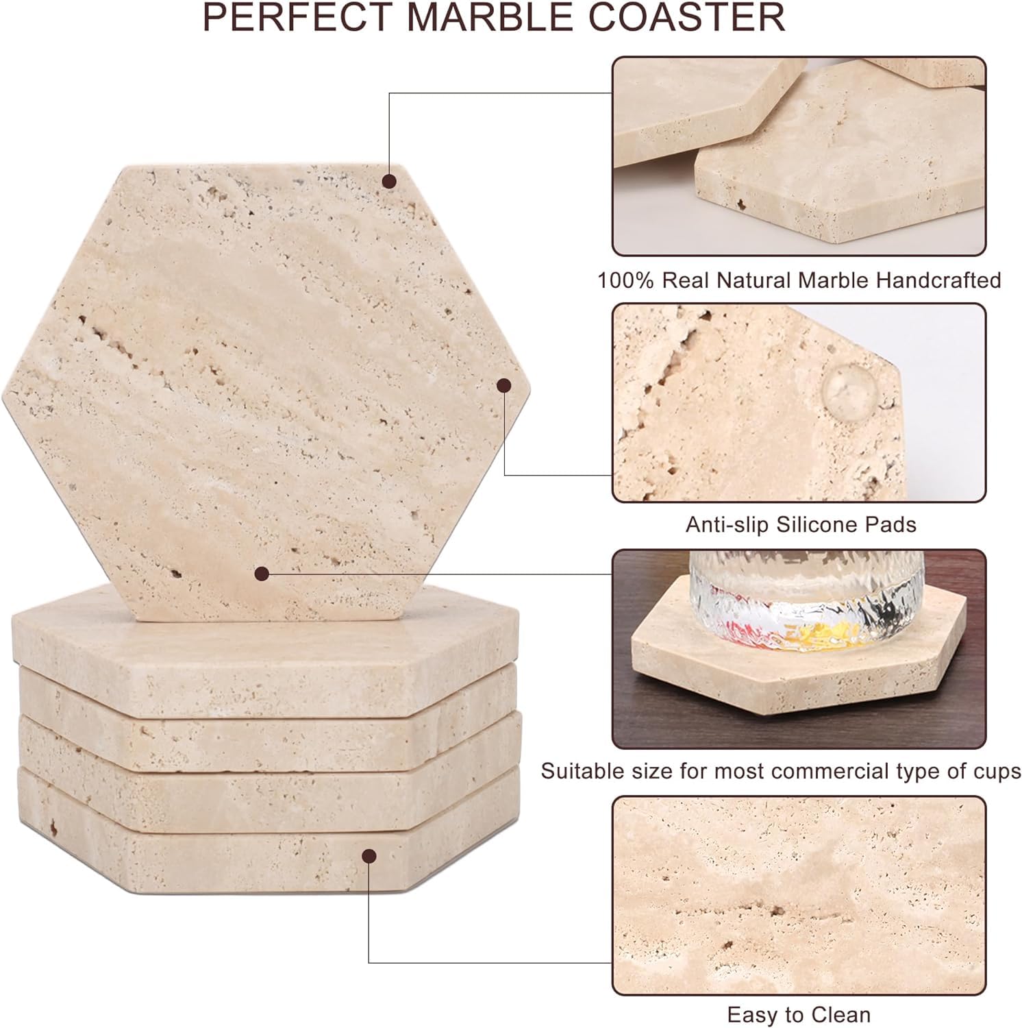 Worhe Marble Coasters Hexagon Drink Coaster Set Of 5 Natural Travertine Stone Cup Mat For Coffee Table Protection Bar Decoration