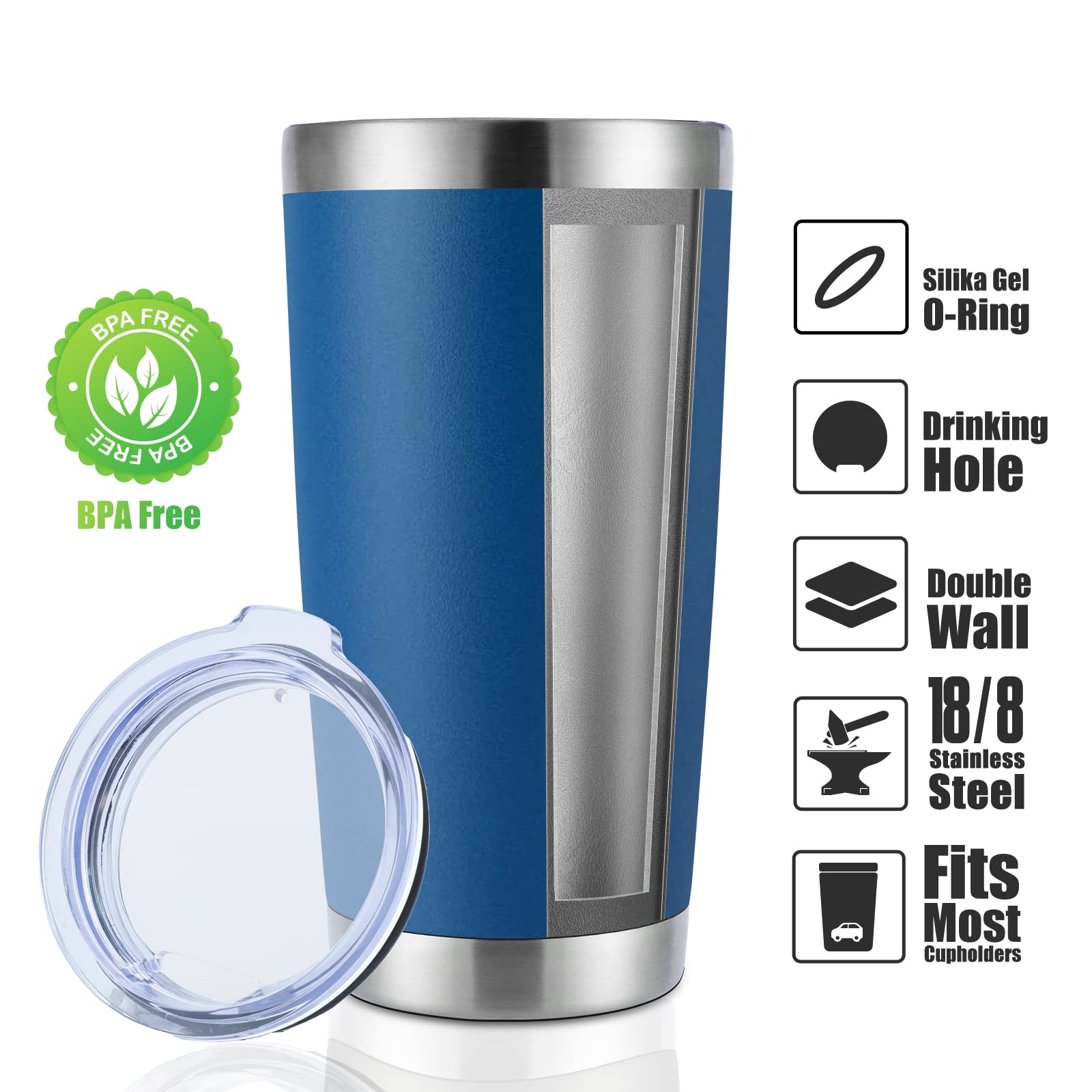 Domicare 20Oz Stainless Steel Tumbler Bulk With Lid, Double Wall Vacuum Insulated Travel Mug, Powder Coated Coffee Cup, Dark Blu