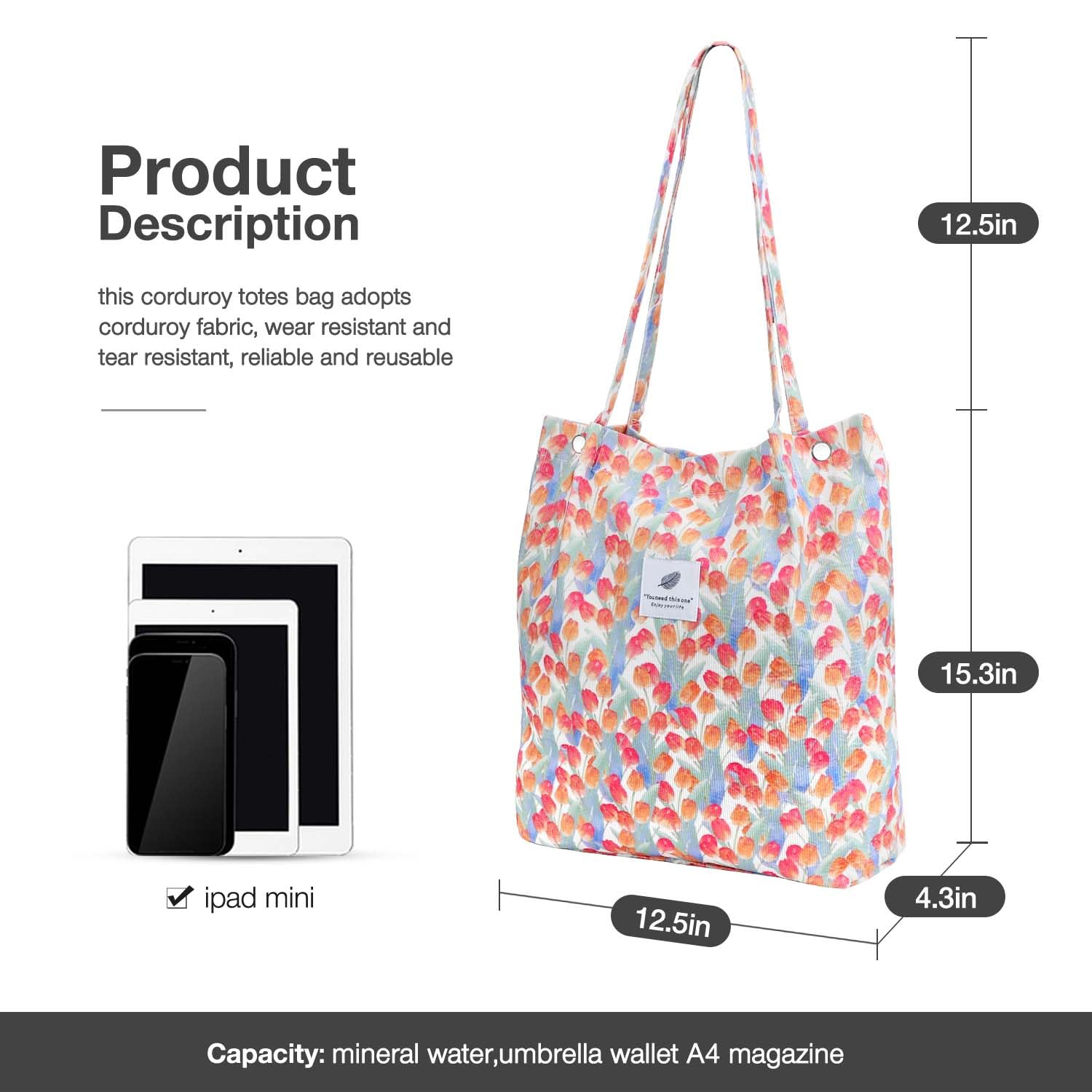 Lhmtqvk Corduroy Tote Bags For Women, Large Capacity Corduroy Bag Reusable Grocery Shoulder Bag With Inner Pockets(Tulips)