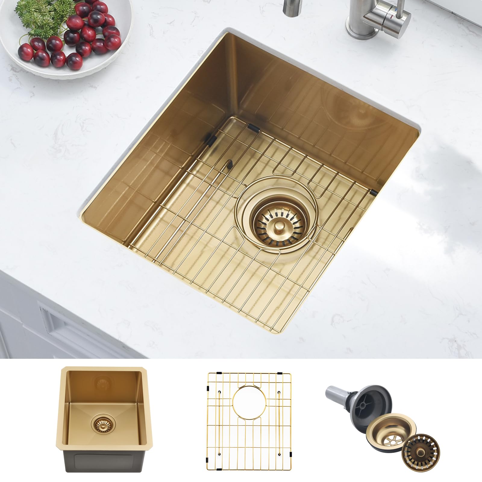 Gold Bar Sink Undermount, Boomhoze 15 X 17 Inches Bar Prep Sink Undermount Bar Sink Small Rv Sink Outdoor Wet Bar Sink 16 Gauge