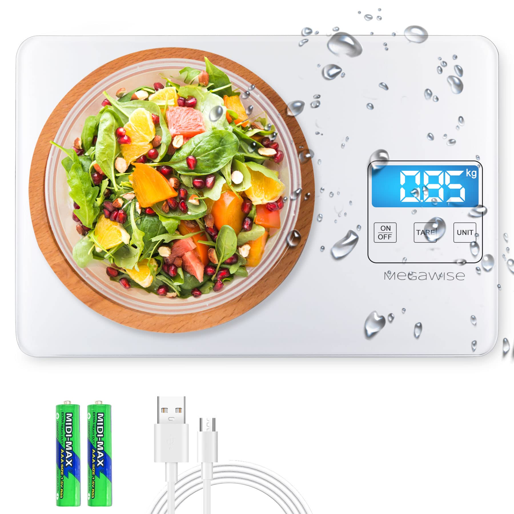 Megawise Precision Food Scale, 33Lb Waterproof Rechargeable Digital Kitchen Scale, 1G/0.04Oz Precise Graduation, Weight Grams An