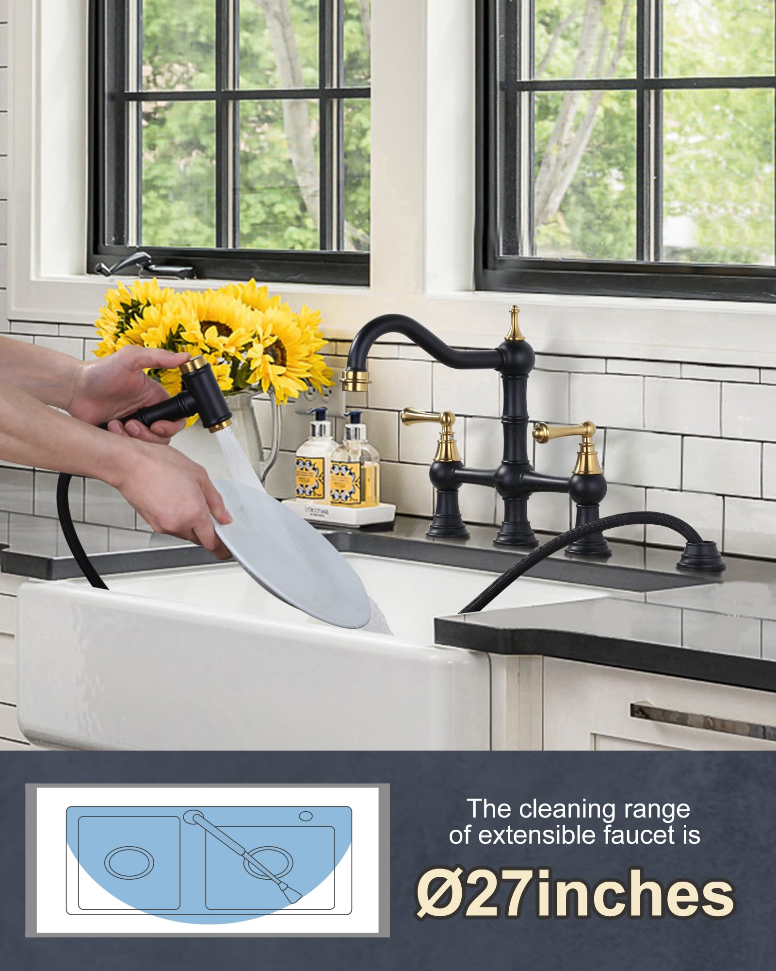 Wowow Bridge Kitchen Faucet With Sprayer, Brass Kitchen Faucet 4 Hole Bridge Faucet For Kitchen Sink, Black And Gold Kitchen Sin