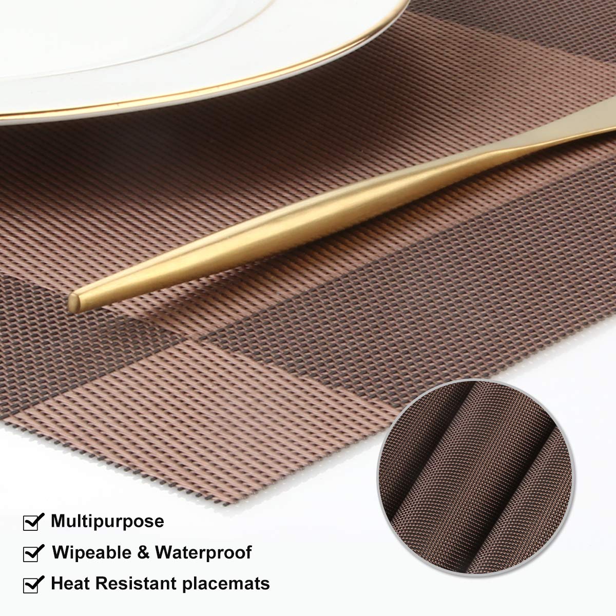 Dachui Placemats Set Of 6, Stylish Woven Place Mats For Dining Table, Washable & Durable Pvc Table Mats (Black Brown)