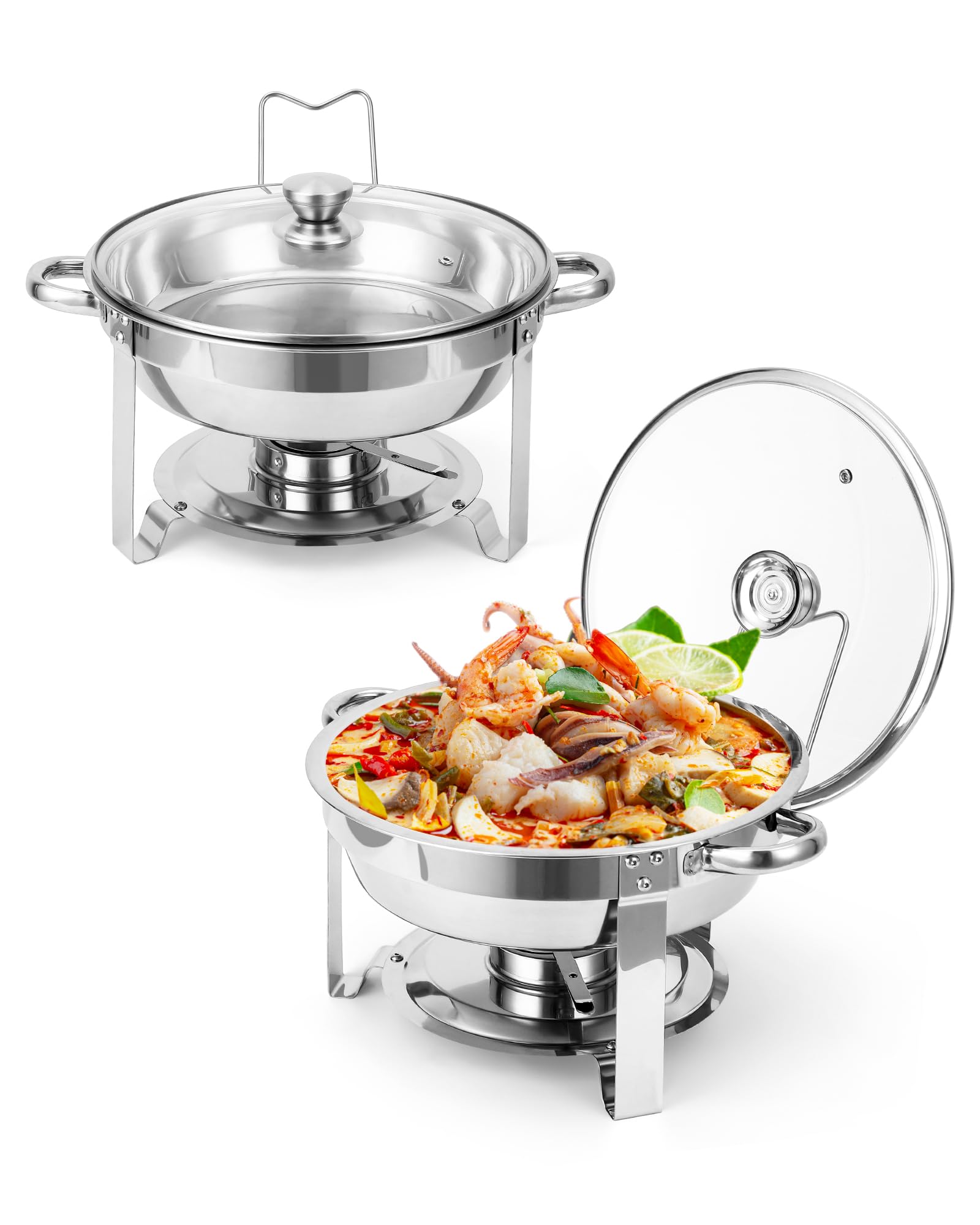 Garvee Chafing Dishes for Buffet, 5QT Buffet Servers and Warmers Set of 2, Round Chafing Dishes with Glass Lid, Stainless Steel 