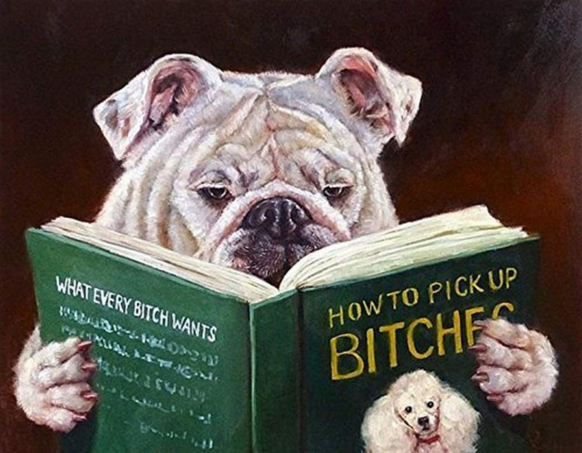 Buyartforless Casonava - Dog Reading How To Pickup Bitches By Lucia Heffernan 10X8 Bulldog Pug Art Print Poster Humor, 8.00'' X
