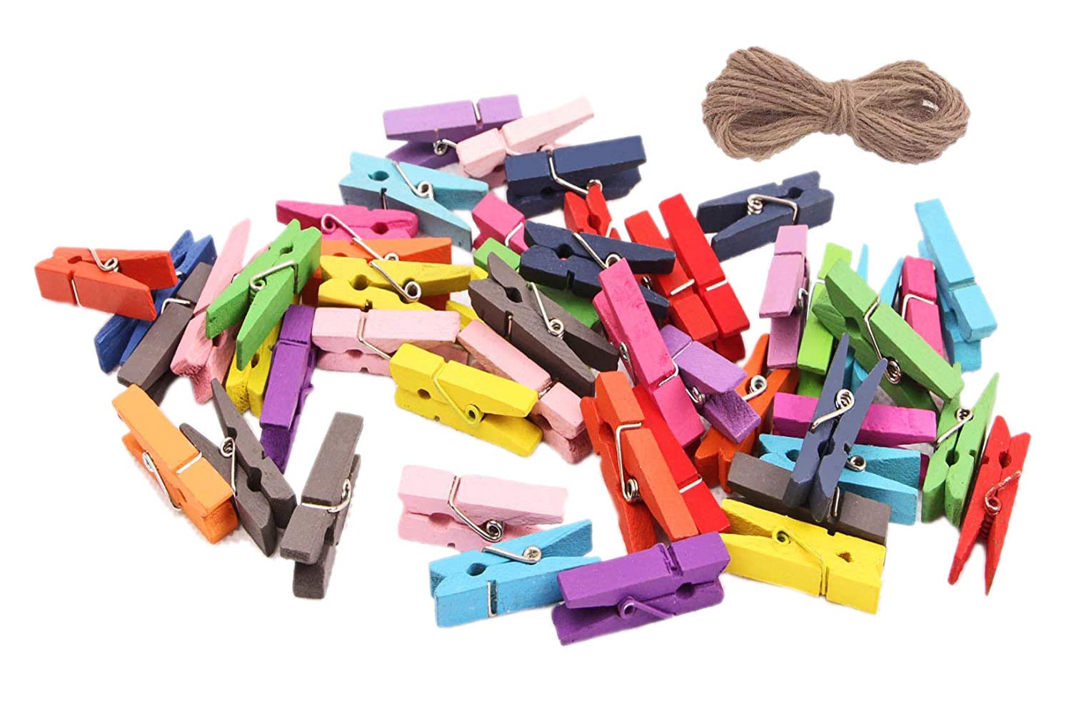 Wooden Clothes Pins, 100Pcs 1.3Inch (3.5Cm) 10 Colored Small Wooden Chip Clips With 33 Feet Jute Twine For Bag Clips Clothespin