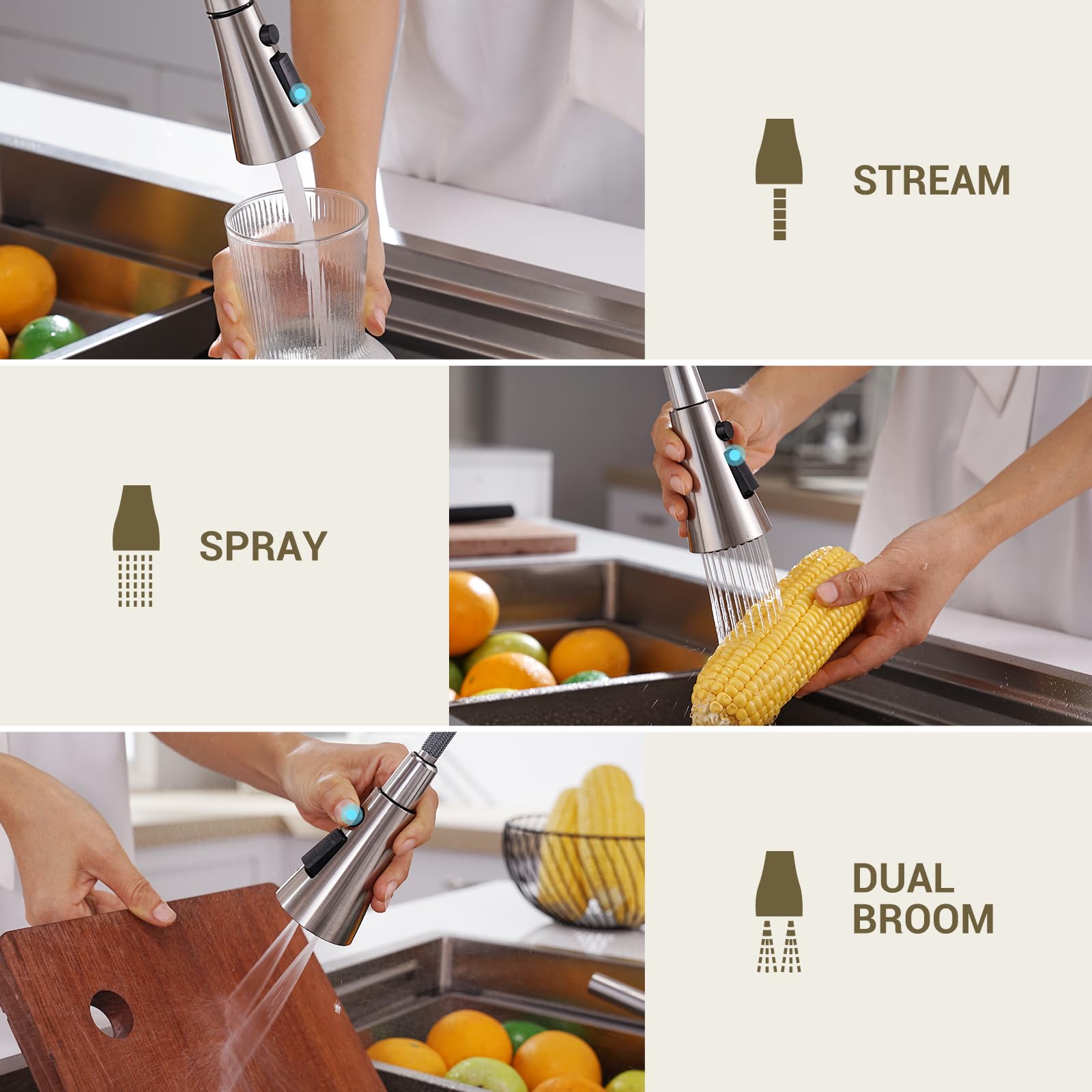 Dayone 2 Holes Kitchen Faucet, Two Holes Stainless Steel Brushed Nickel Kitchen Sink Faucet With Side Single Handle & Pull Down