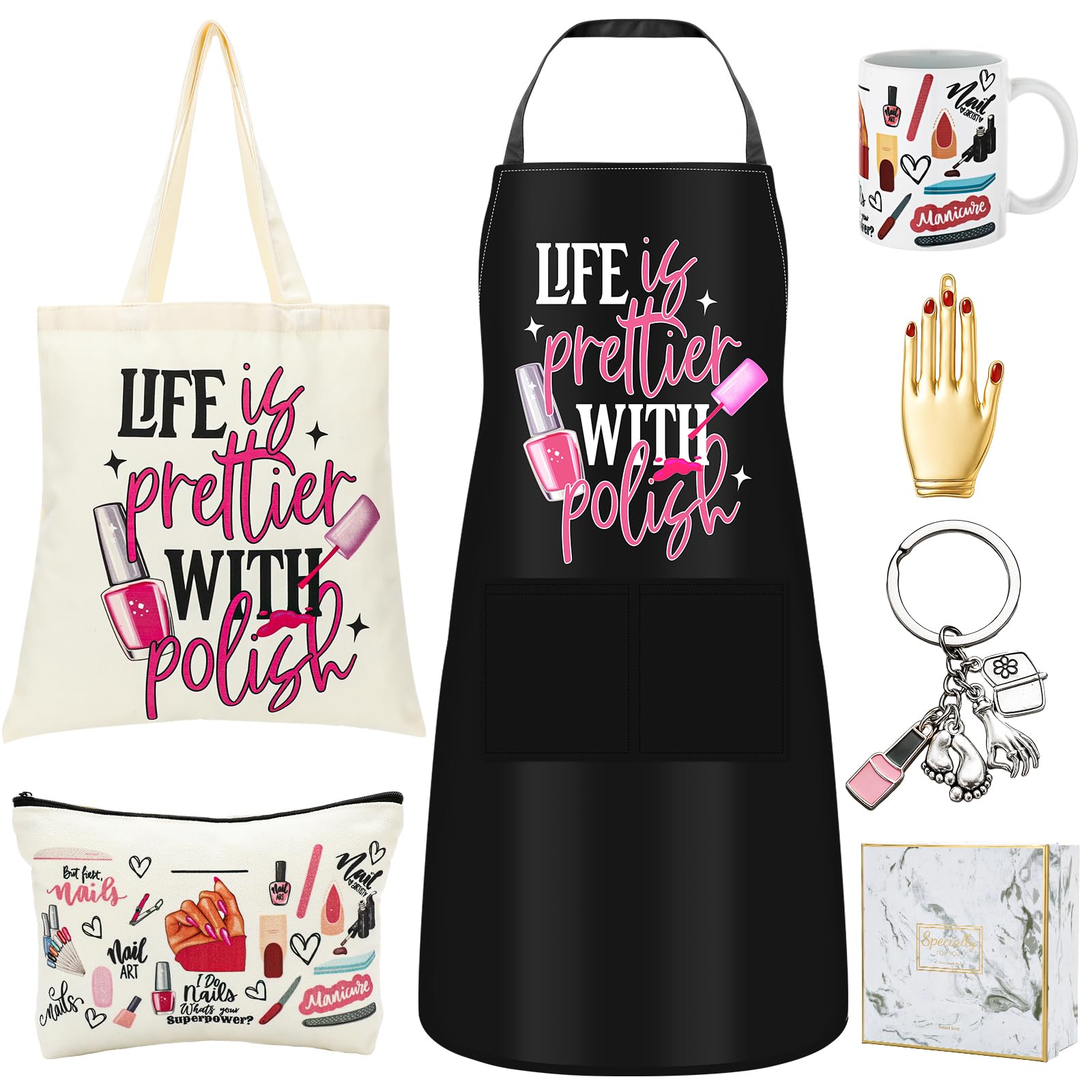 Coume 7 Pcs Nail Tech Gift Set for Women Adjustable Manicurist Apron Tote Bag Makeup Bag Tumblers Scissors Charm Keychain Nails 