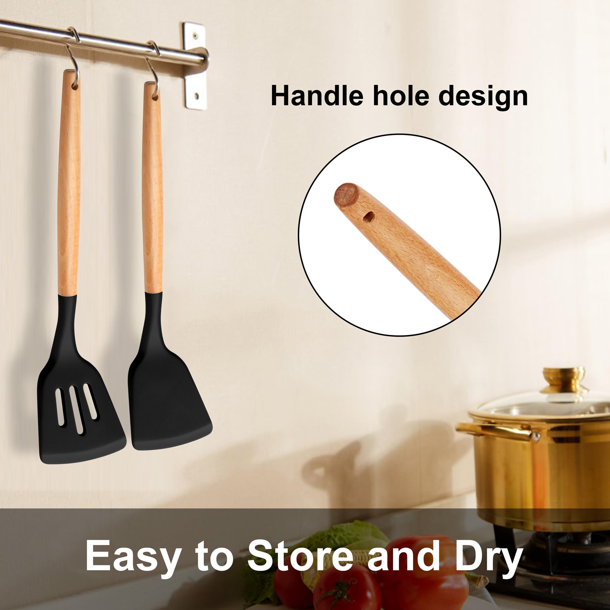 E-Far Silicone Spatula Turner, 2 Pack Heat Resistant Kitchen Spatulas For Nonstick Cookware, Rubber Solid Slotted Spatula Cookin