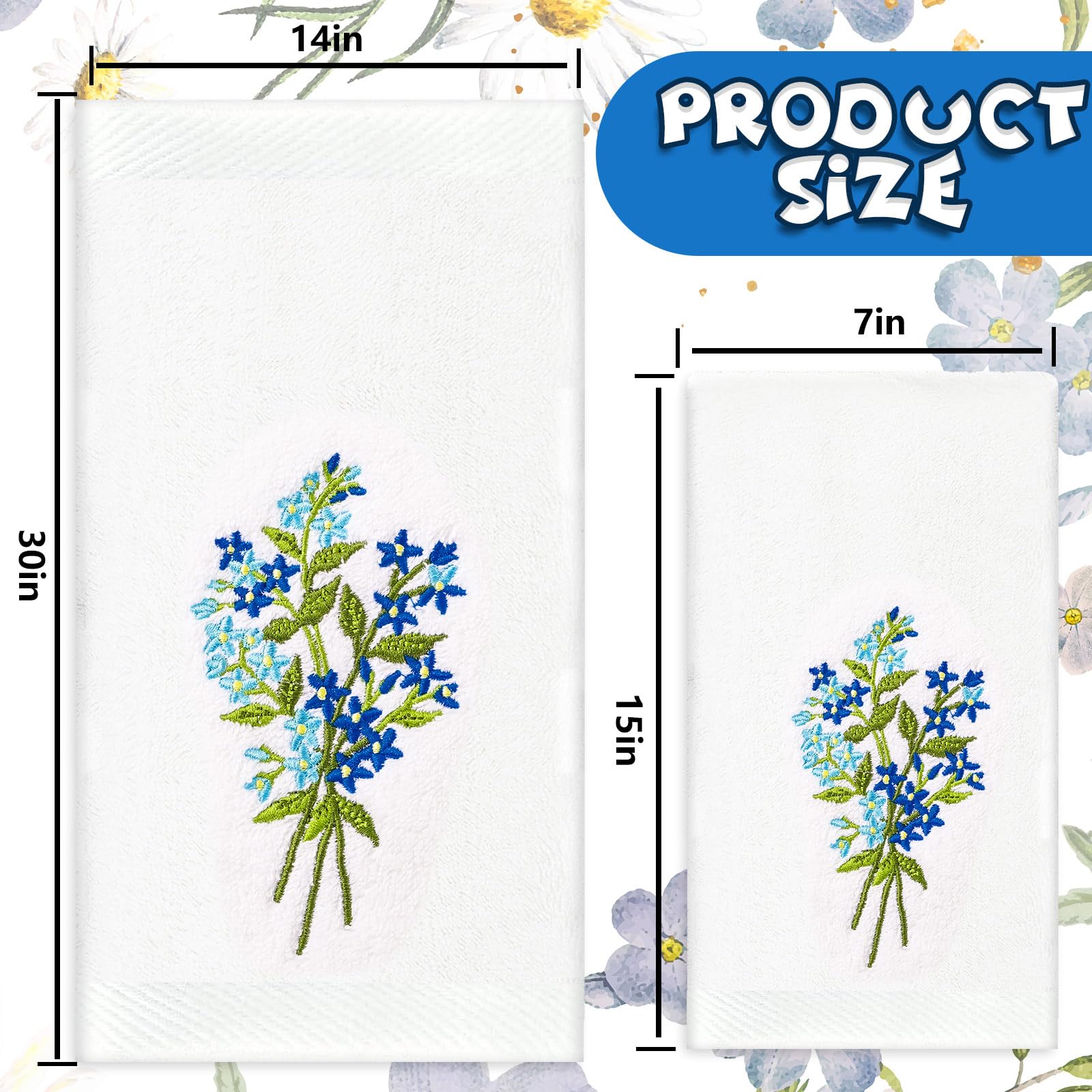 Jarthenaamcs 2Pcs Blue Floral Hand Towels Forget-Me-Not Flower Embroidered Bathroom Towel Decorative Dish Towel For Hand Drying