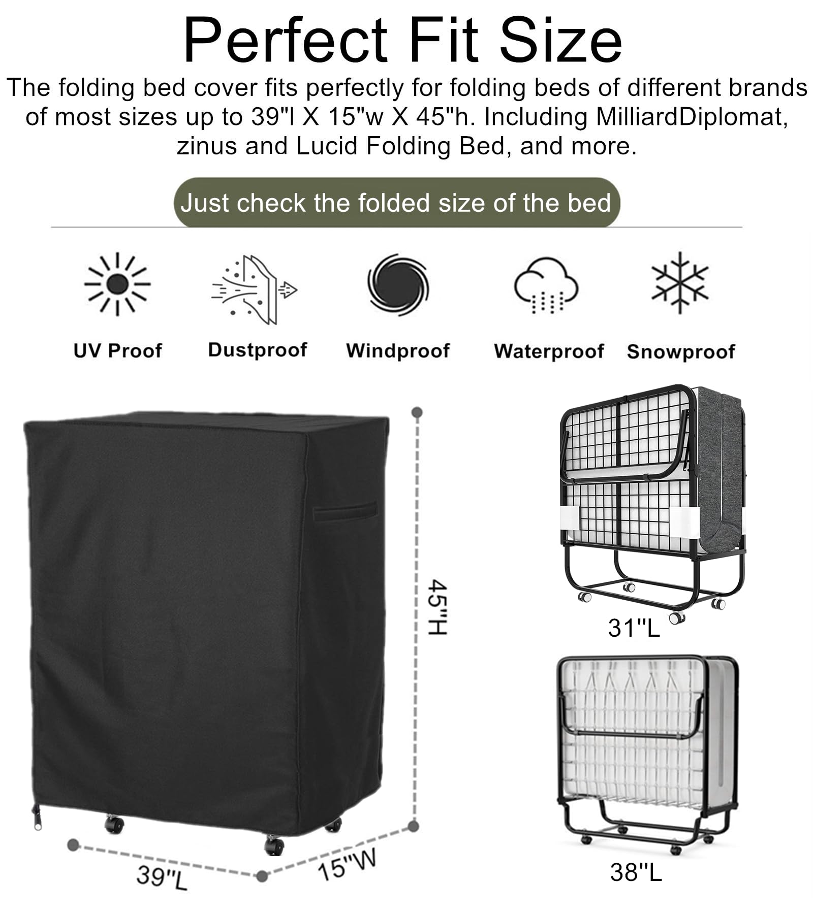 Folding Bed Storage Cover, Falezern 38 in Adjustable Rollaway Bed Cover, Waterproof and Dustproof, with Metal Zipper and Adjusta