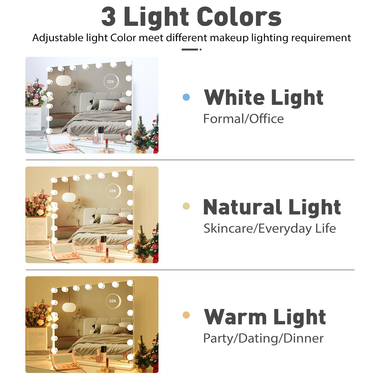Hompen Hollywood Vanity Mirror Makeup Mirror With Lights, Touch Screen, 3 Color Modes Frameless Tabletop Mirror With 17 Dimmable