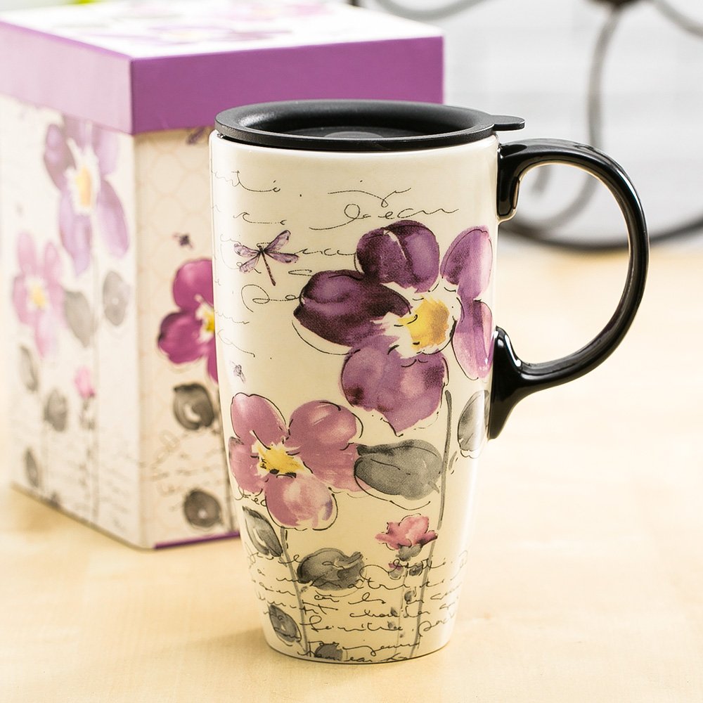 Topadorn Tall Ceramic Travel Mug 17 Oz. Coffee Cups Sealed Lid With Color Box (Purple Flower)