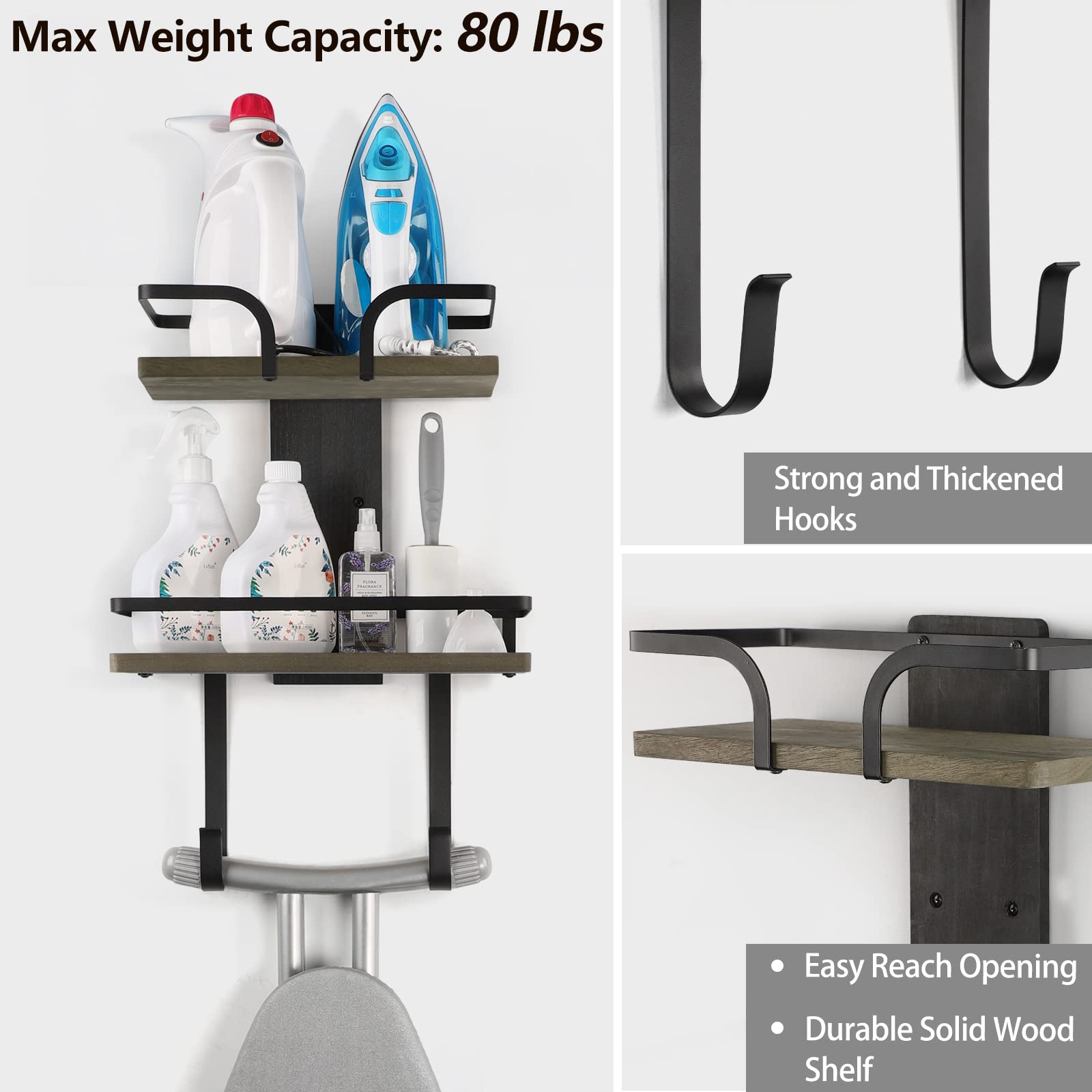 VINAEMO Wall Mount Ironing Board Hanger - 2-Layer Solid Wood Holder in Weathered Grey for Home Organization