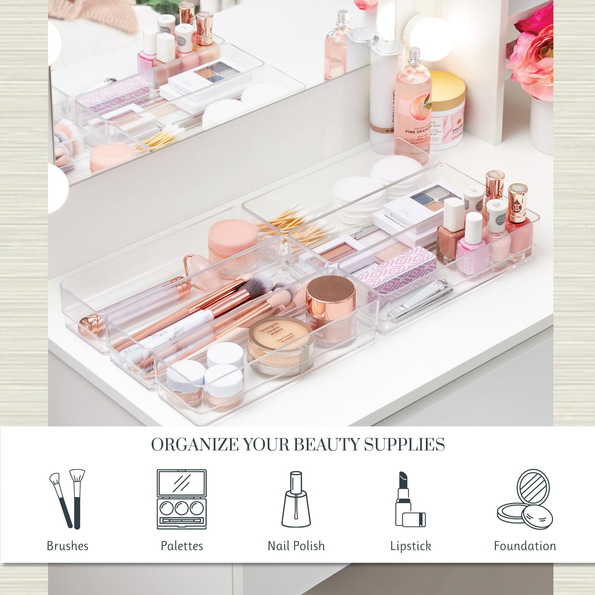 STORi SimpleSort 6-Piece Stackable Clear Drawer Organizer Set | 9 '' x 3 '' x 2 '' Rectangle Trays | Narrow Makeup Vanity Storag