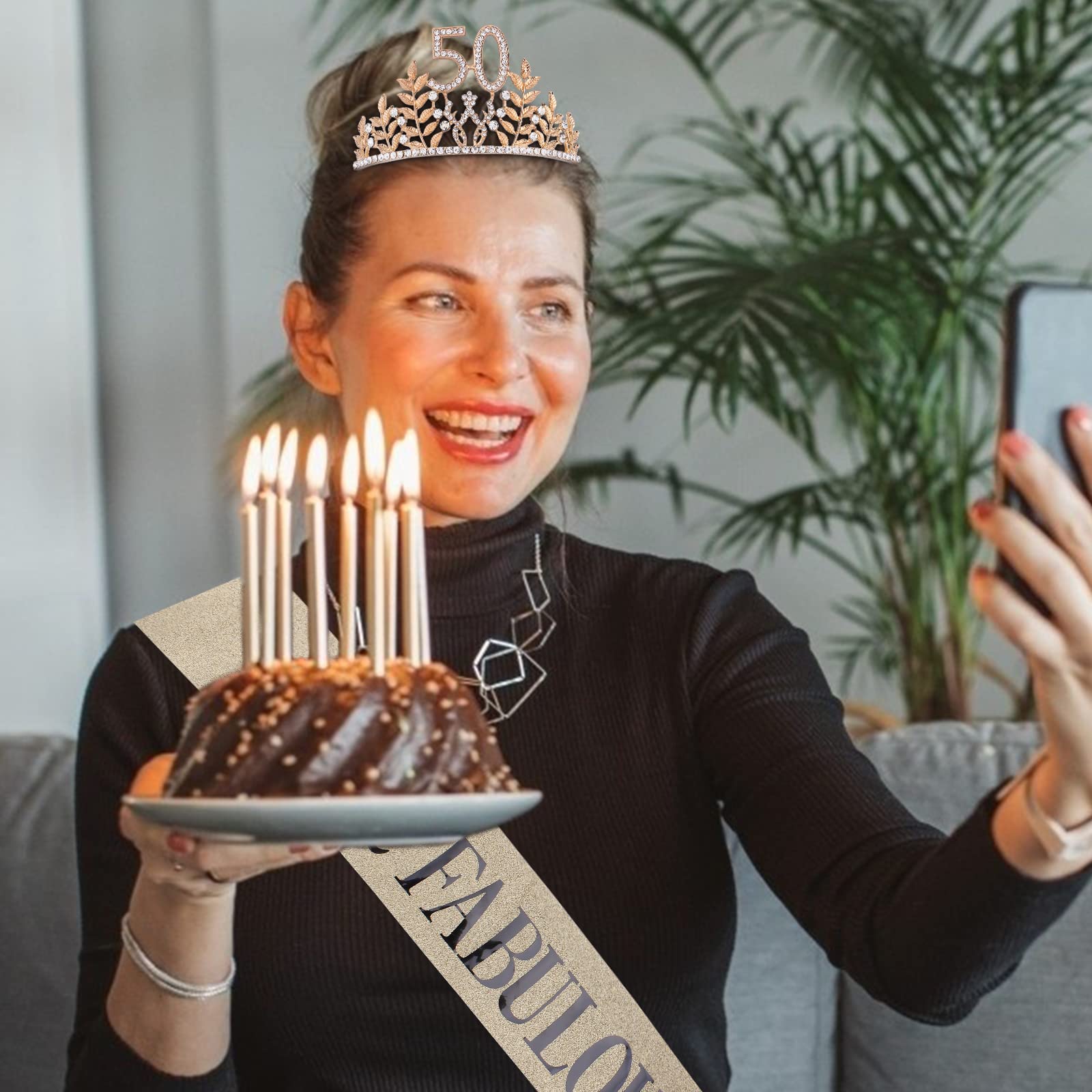 Semato 50 & Fabulous Birthday Crown And Sash Kit- 50Th Birthday Gifts For Women 50Th Birthday Party Supplies (Gold)