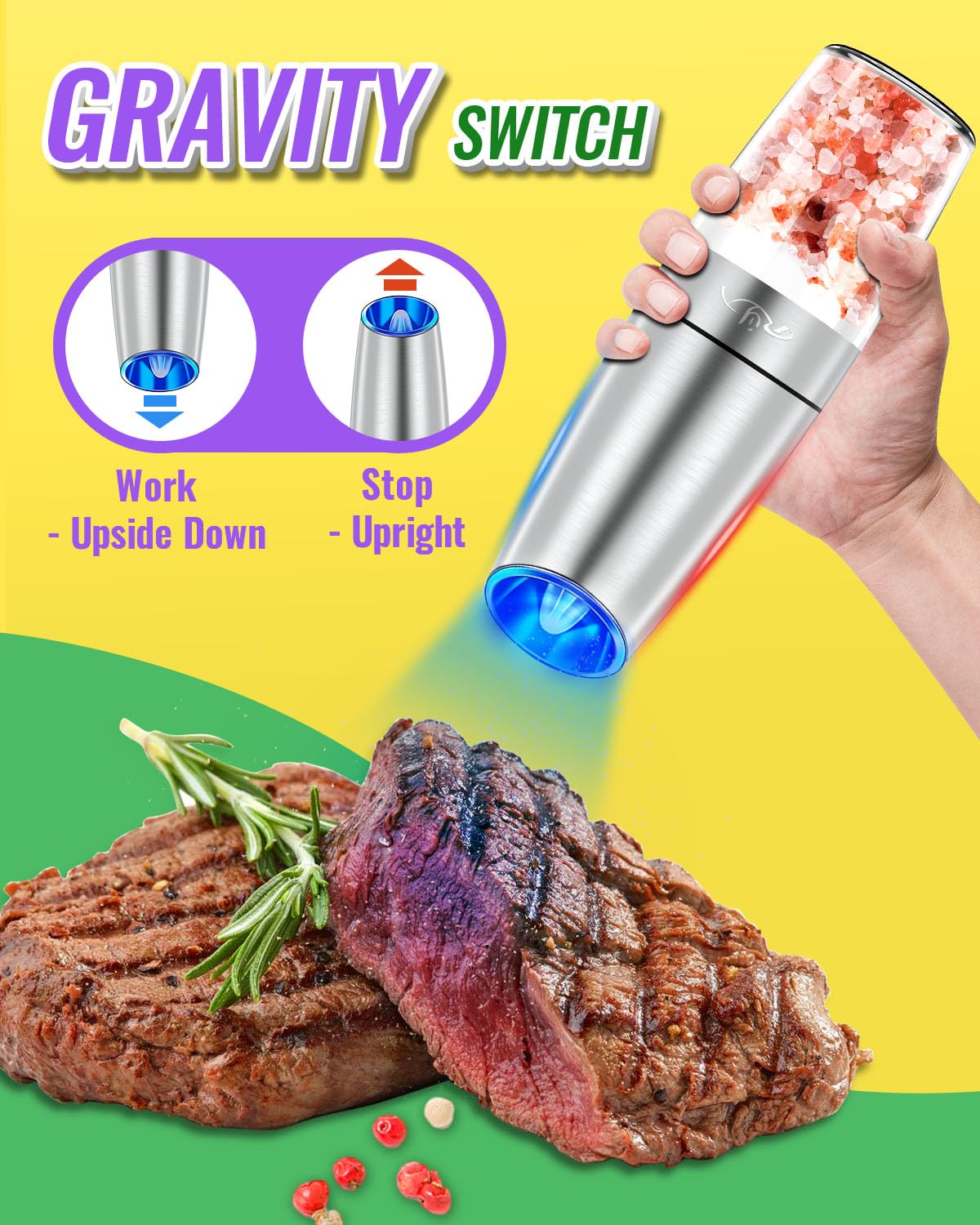 Rongyuxuan Gravity Electri Salt And Pepper Mill Set,Pepper Grinder With Ceramic Rotor,Acrylic Container,Stainless Steel Middle,B