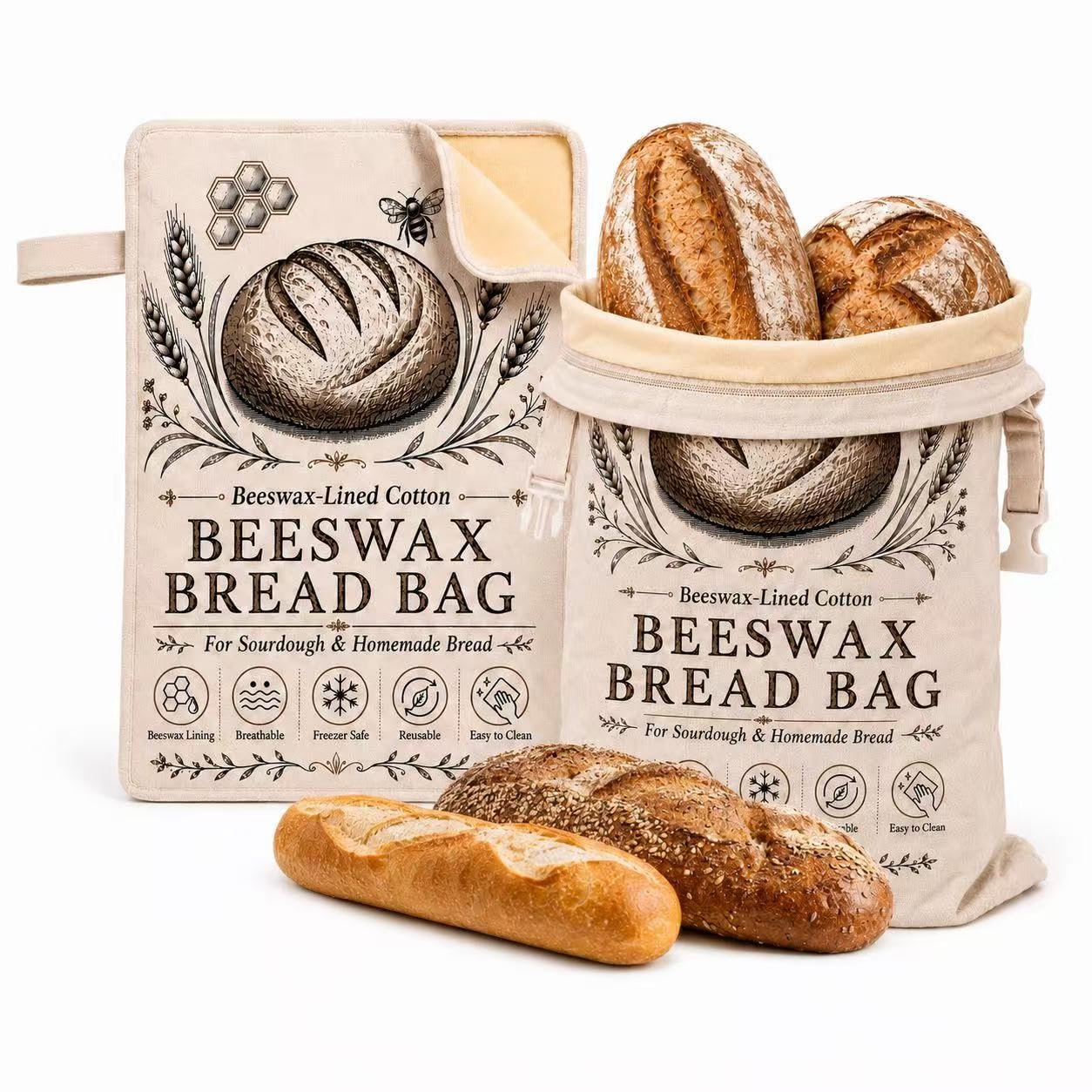 ZAETEL Beeswax Bread Bags for Homemade Bread, 2 Pack XL 13 x 17 in, Cotton