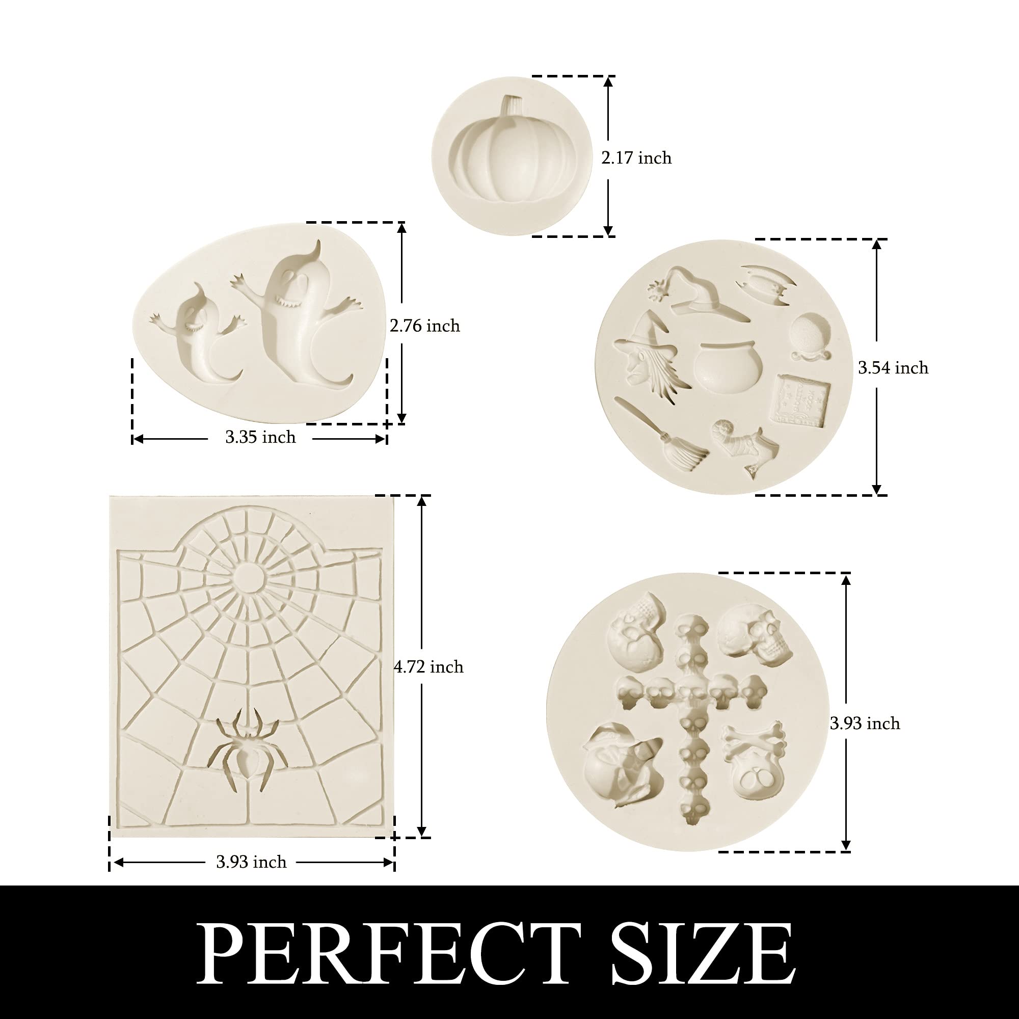 Halloween Fondant Molds (5 Pcs), Pumpkin Spider Ghost Witch Skull Silicone Chocolate Molds, For Baking Cake Cupcake Decoration C