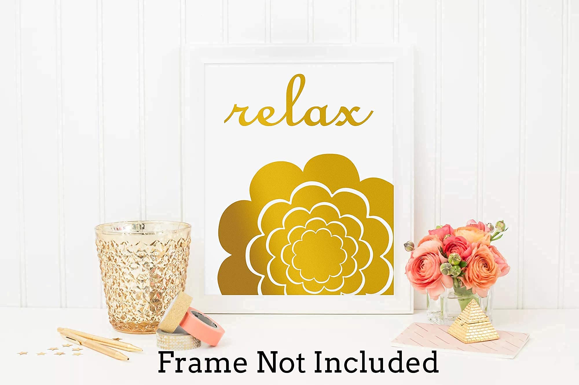 Lhiuem Gold And White Bathroom Pictures Wall Art Decor,Abstract Flowers Gold Foil Print,Set Of 4 Soak Relax Unwind Quote And Say