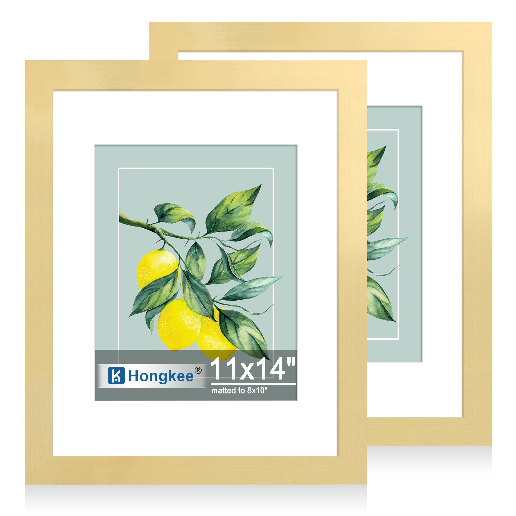Hongkee 11x14 Picture Frame Set of 2, Made of Real Glass and Gold Wooden Frame - Display Pictures 8x10 with Mat or 11x14 Without