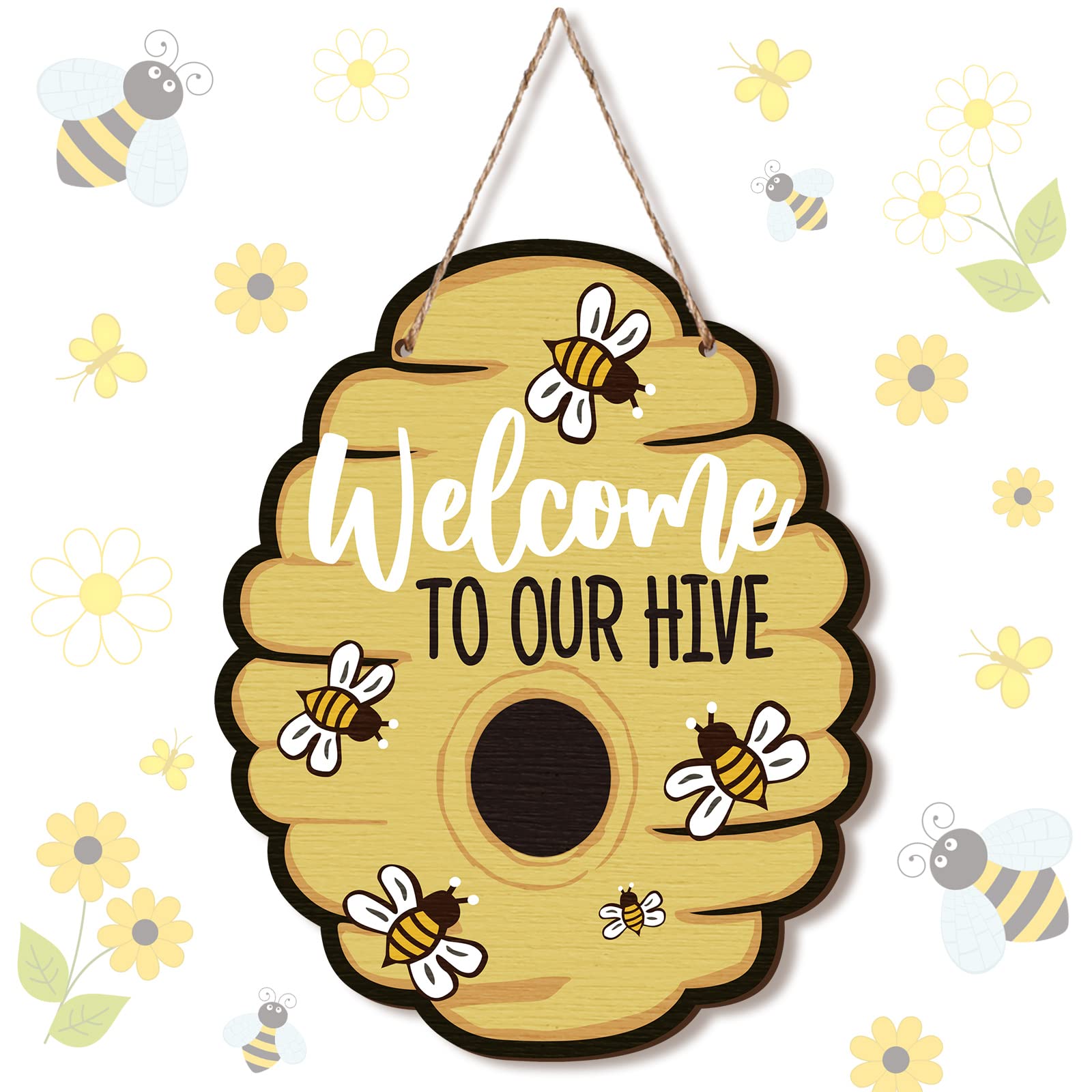 Pinkunn Wooden Bee Sign Decoration Welcome to Our Hive Bee Wall Plaque Honey Bees Hanging Welcome Sign Farmhouse Hive Honeycomb 